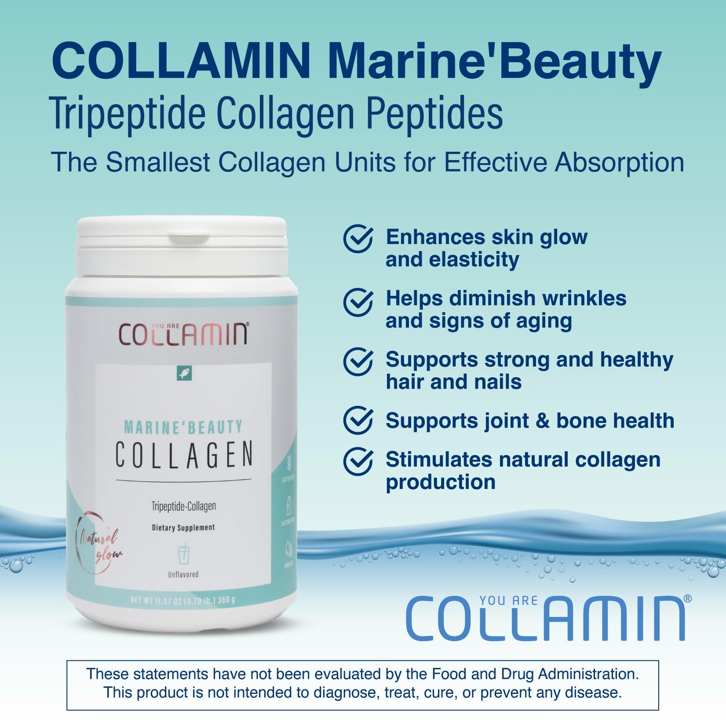Collamin Marine Beauty Hydrolyzed Tripeptide Marine Collagen Powder from Wild-Caught Fish - Bioavailable with Essential Amino Acids, Supports Skin, Hair, Nails, Joints & Bones - 11.57 Ounce
