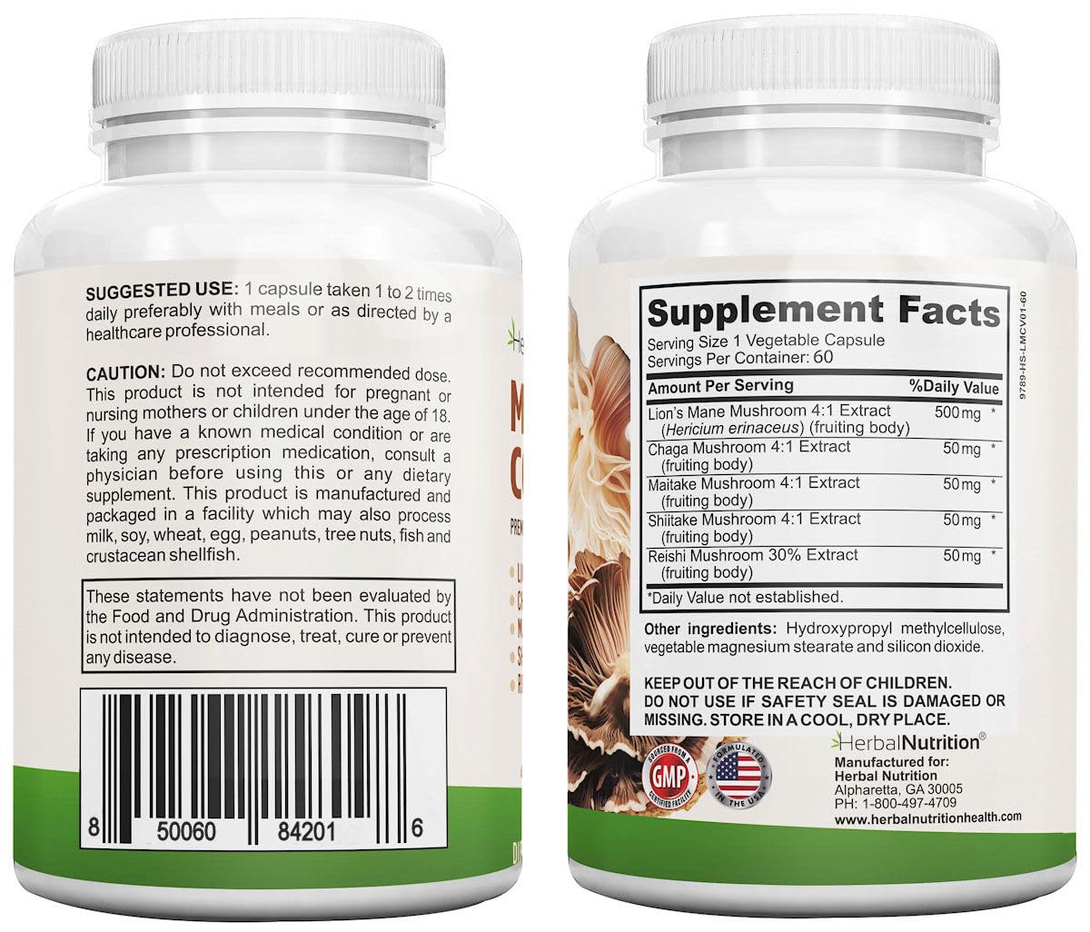 Herbal Nutrition Mushroom Complex 700-1400mg Capsules, 120 Count