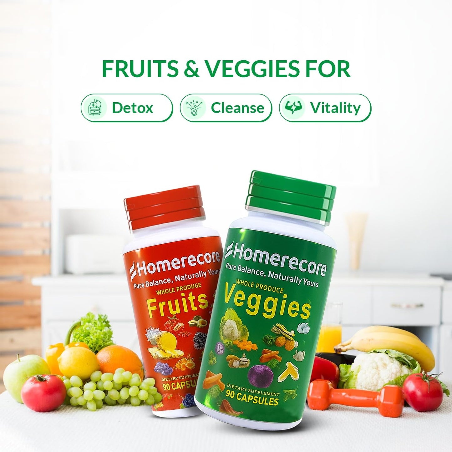 HOMERECORE Whole Food Fruits & Veggies Supplement Capsules, 180 Count