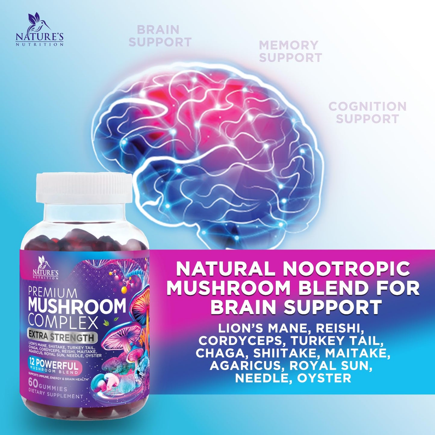 Nature's Nutrition Mushroom Gummies 12 in 1 Complex - Lions Mane, Reishi, Cordyceps & Chaga, Memory & Immune Support, Nootropic Brain Supplements, 60 Count