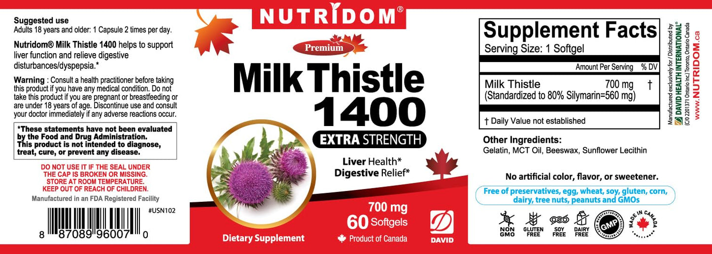 Nutridom Milk Thistle 700mg Extra Strength 80% Silymarin Standardized Extract Softgels, Non-GMO, 60 Count