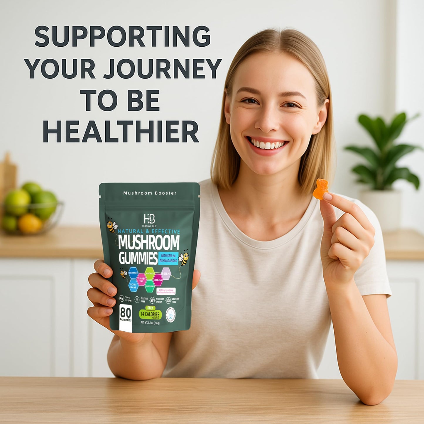 Herbal Bee Organic Ashwagandha & Lions Mane Mushroom Gummies, 80 Gummies
