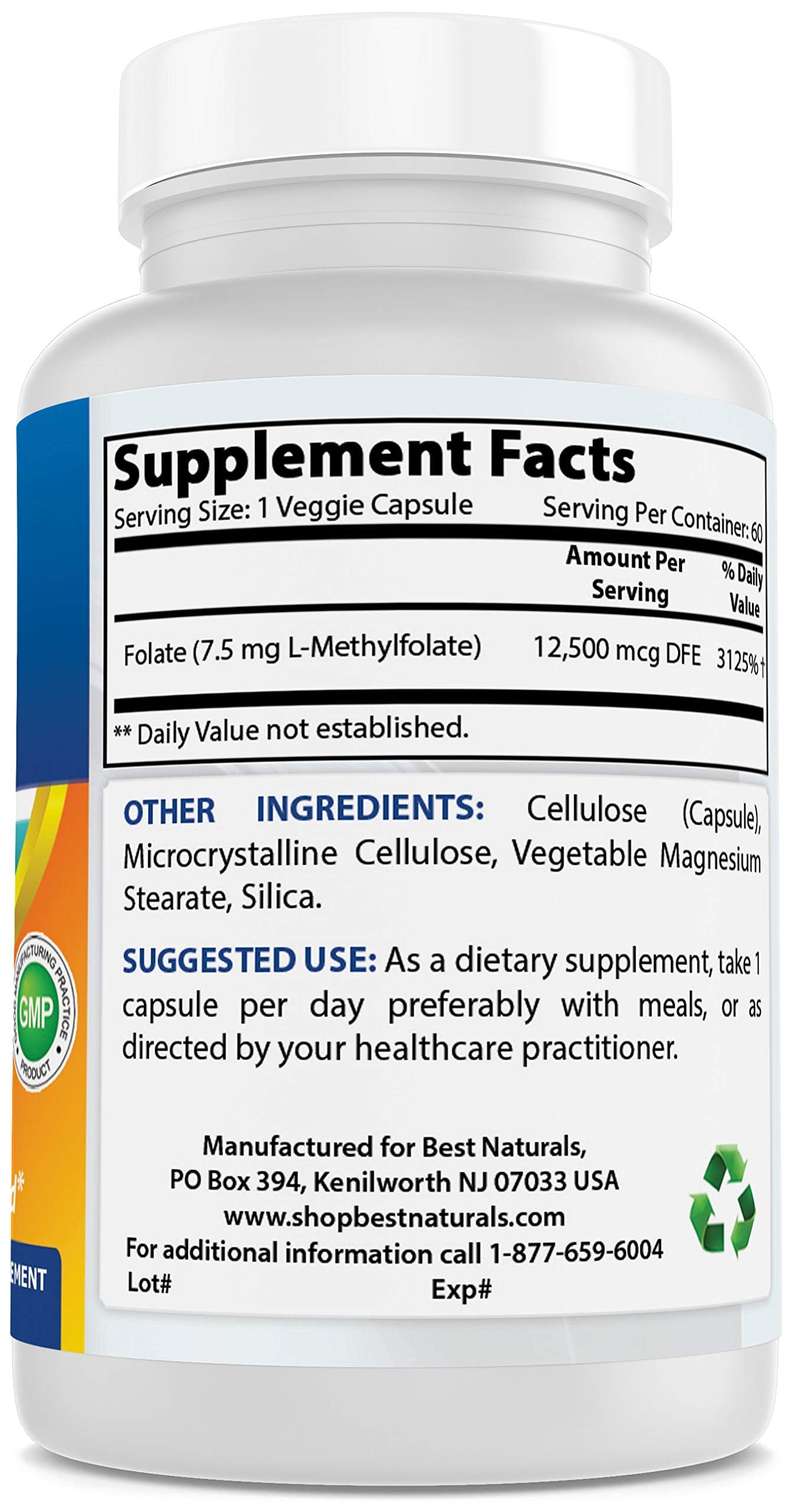 Best Naturals Methyl Folate 7500 mcg (7.5 mg) Veggie Capsule, 60 Count