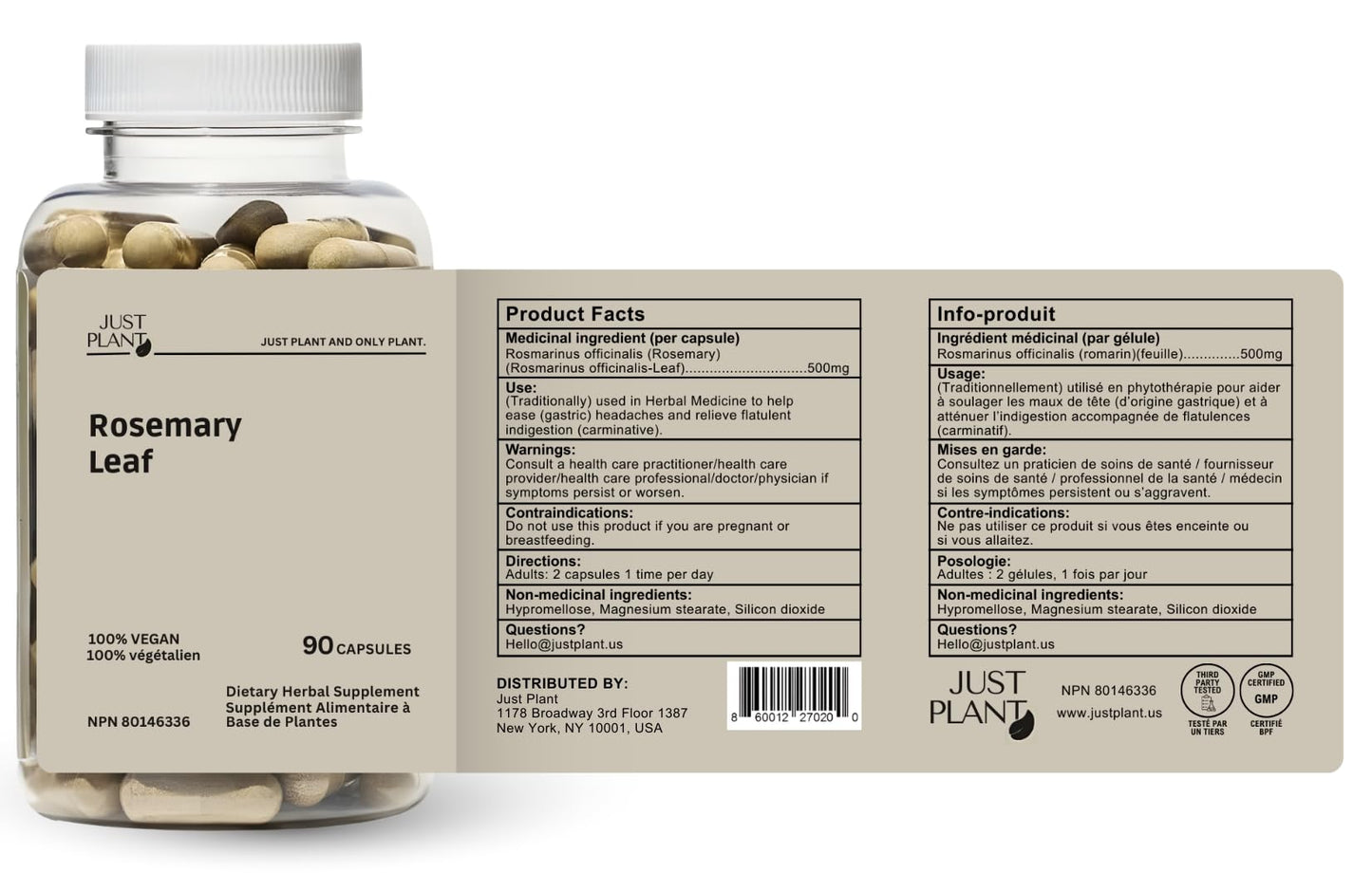 Just Plant Organic Rosemary Leaf Capsules 500mg, 90 Count