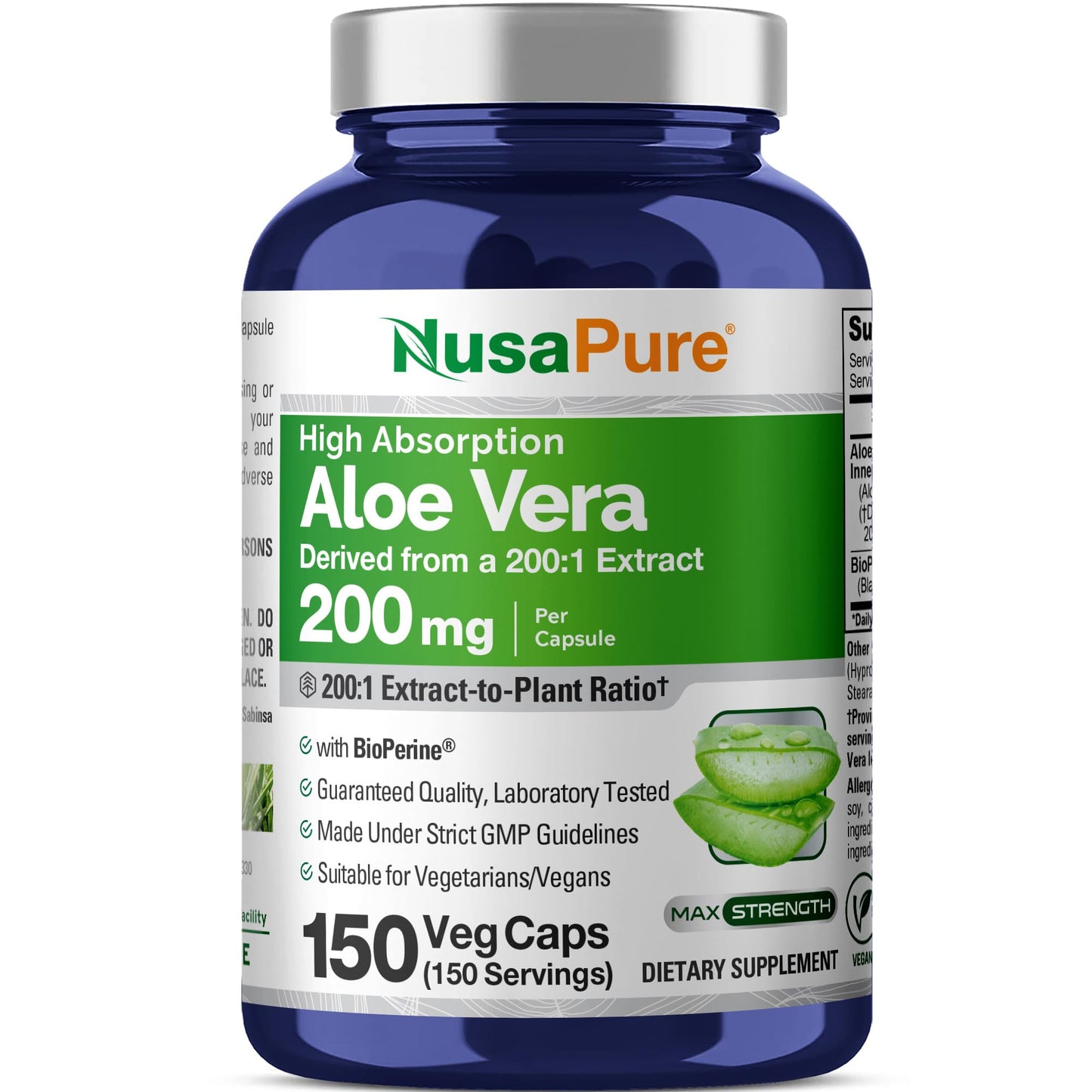 NusaPure Aloe Vera 200 mg Capsules, 150 Count