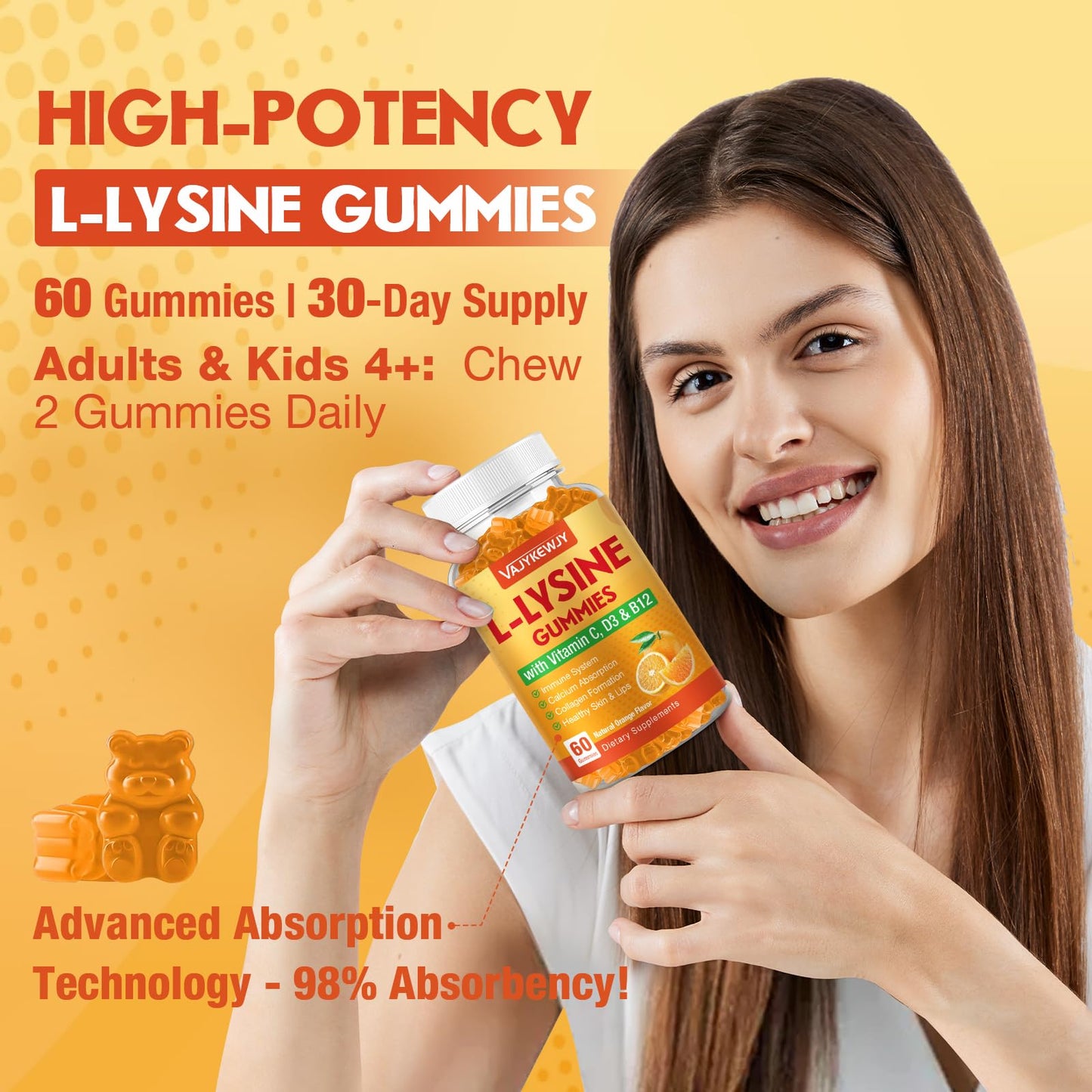 VAJYKEWJY L-Lysine Gummies 1000 mg for Immune Support, 60 Count