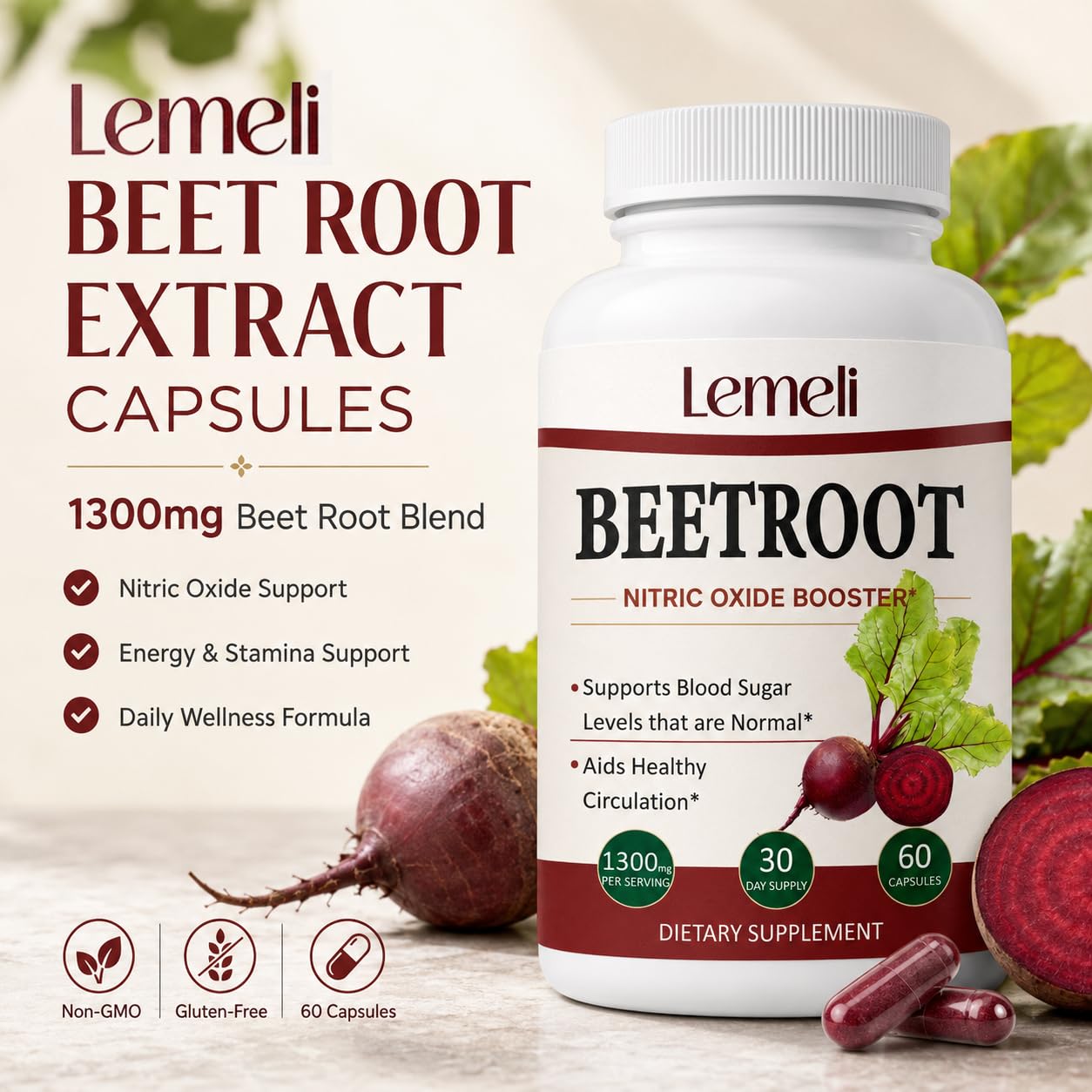 Lence Lemeli Beetroot 1300mg, Nitric Oxide Support Capsules, 60 Capsules