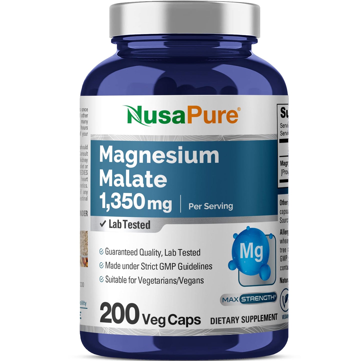 NusaPure Magnesium Malate, Non-GMO, Vegan, 1350mg, 200 Capsules