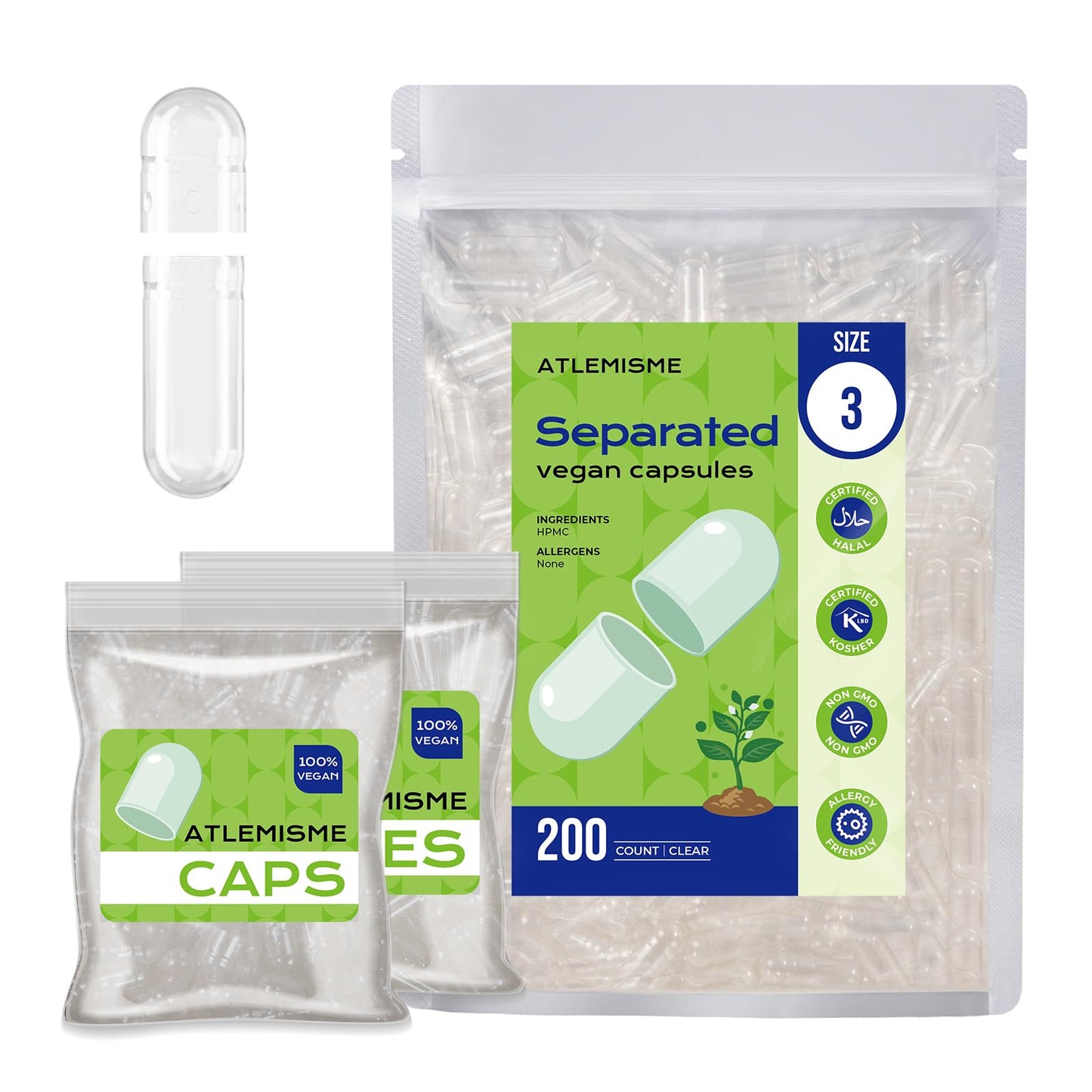 ATLEMISME Vegan Size 3 Separated Capsules, Clear Empty Capsules, 200 Count
