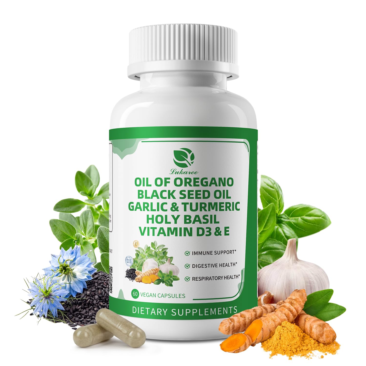 Lukaree Oil of Oregano with Black Seed Oil, Garlic, Turmeric, Holy Basil Capsules, 60 Count
