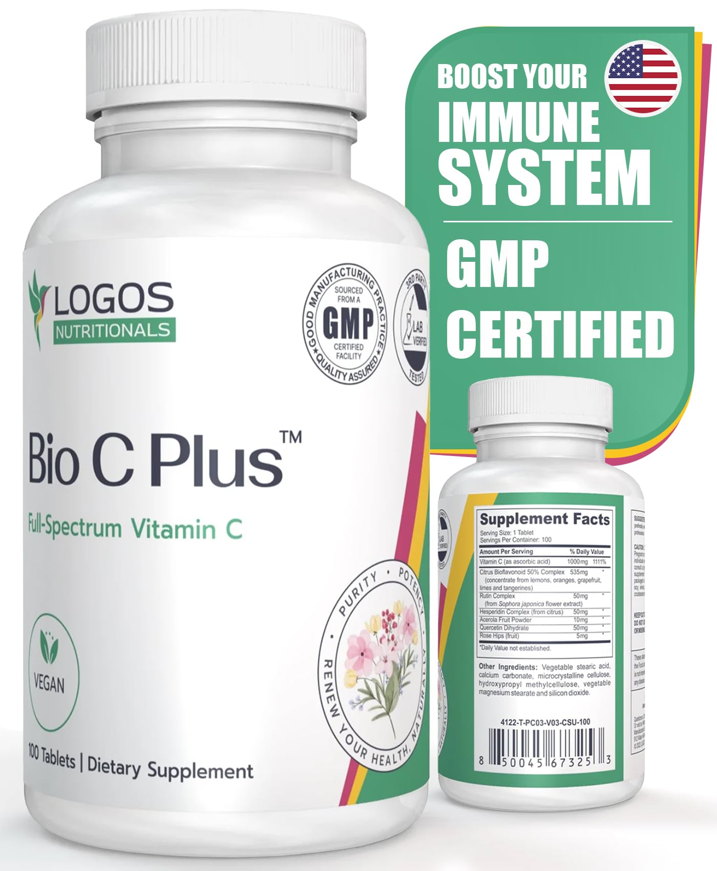 Logos Nutritionals Bio C Plus Vitamin C 1000 mg - High Potency Vitamin C Supplements with Ascorbic Acid & Rose HIPS, Supports Healthy Immune System & Antioxidant Protection, Vegan, 100 Tablets