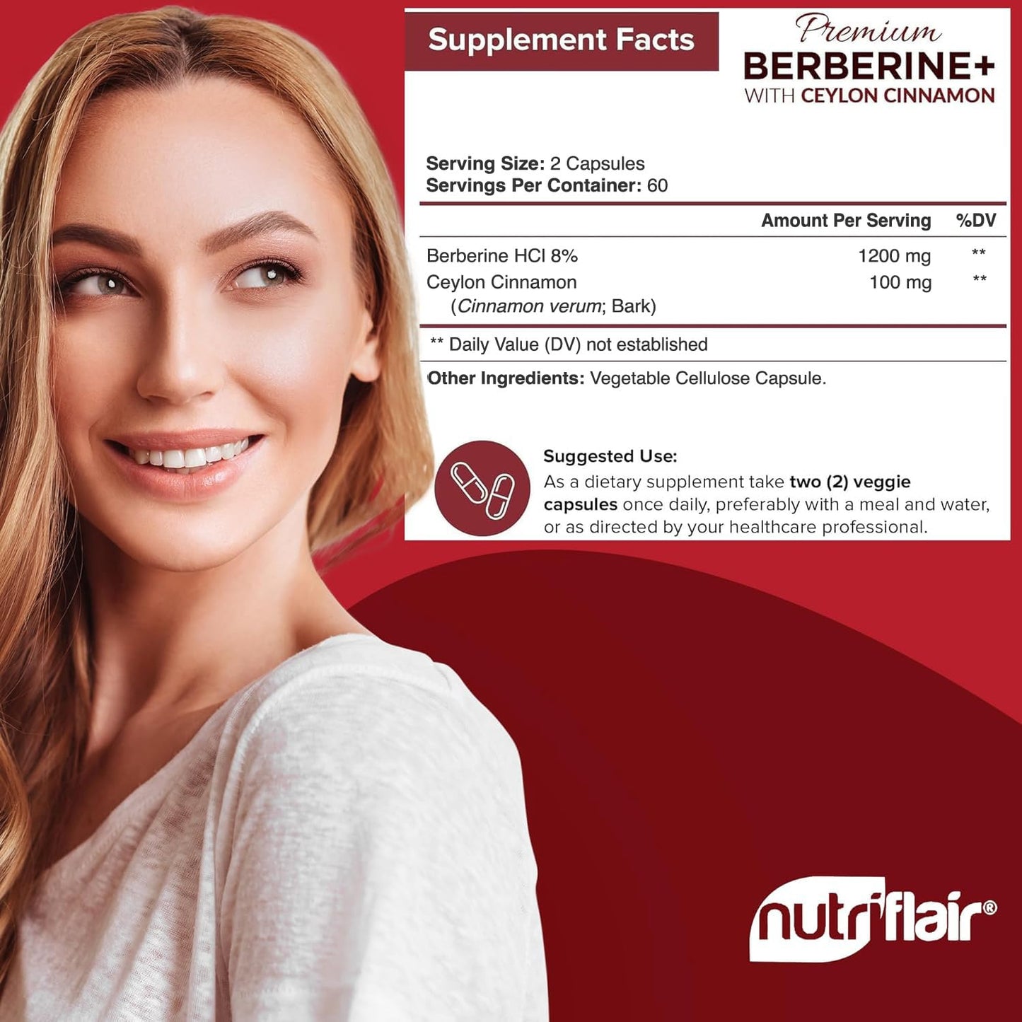 NutriFlair Premium Berberine HCL 1200mg Capsules, 120 Count