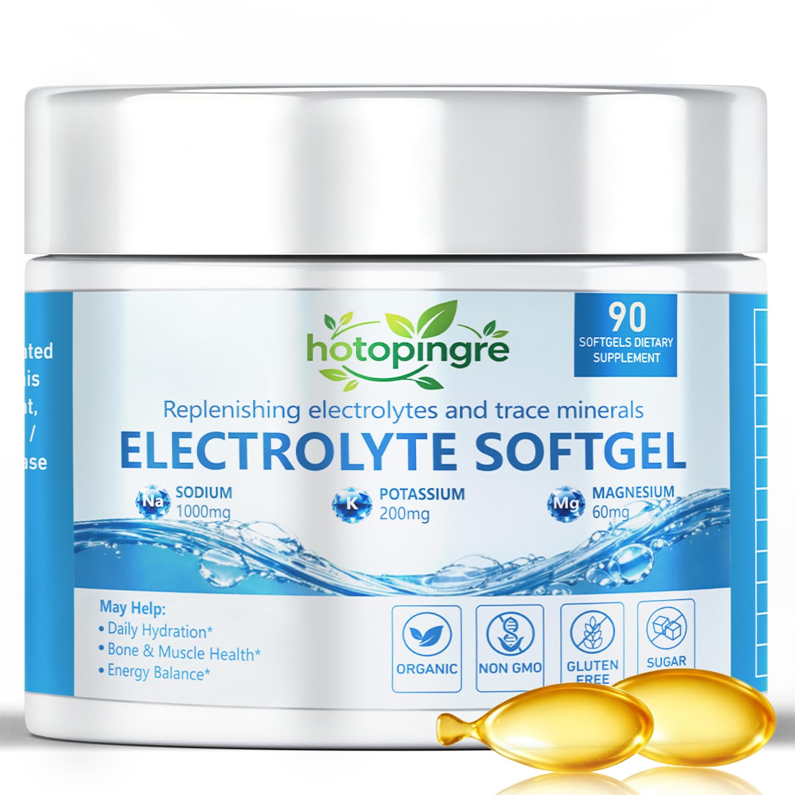 Hotopingre Electrolyte Softgels with 1000mg Sodium (Himalayan Pink Salt), Magnesium, Potassium Chloride, Calcium & Trace Mineral, Unflavored Salt Pills for Hydration, Keto & Fasting Support, 90 Softgels