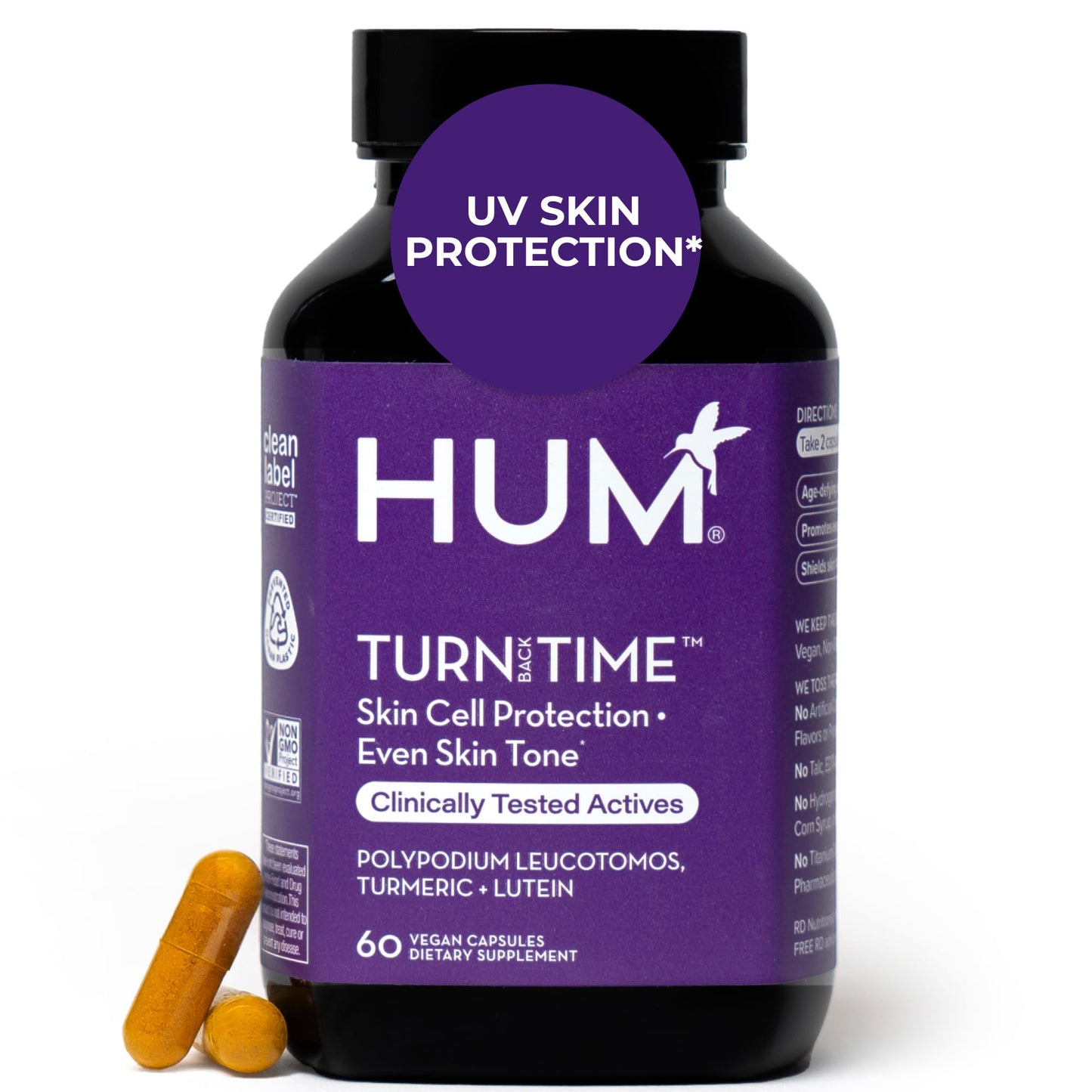 HUM Turn Back Time Turmeric Supplement for Youthful Looking Skin Support with Green Tea Extract, Lutein & Polyphenols, Skin Care Aging & Collagen Support Capsules, 60 Count