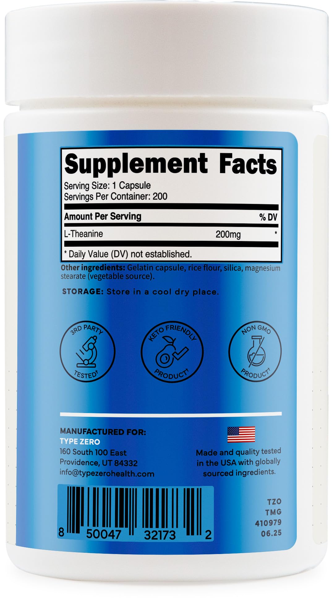 Type Zero L-Theanine (200mg) Capsule, 200 Count