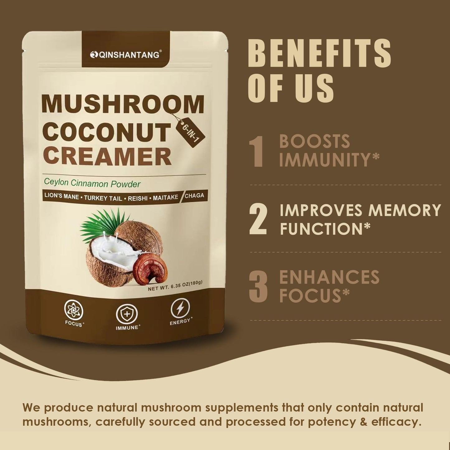 QIN SHAN TANG Mushroom Coconut Creamer Powder, Natural Creamer for Coffee with 5 Mushrooms (Lion's Mane, Turkey Tail, Reishi, Maitake, Chaga) and Ceylon Cinnamon, Boosts Focus, Immunity and Energy, 6.35 oz