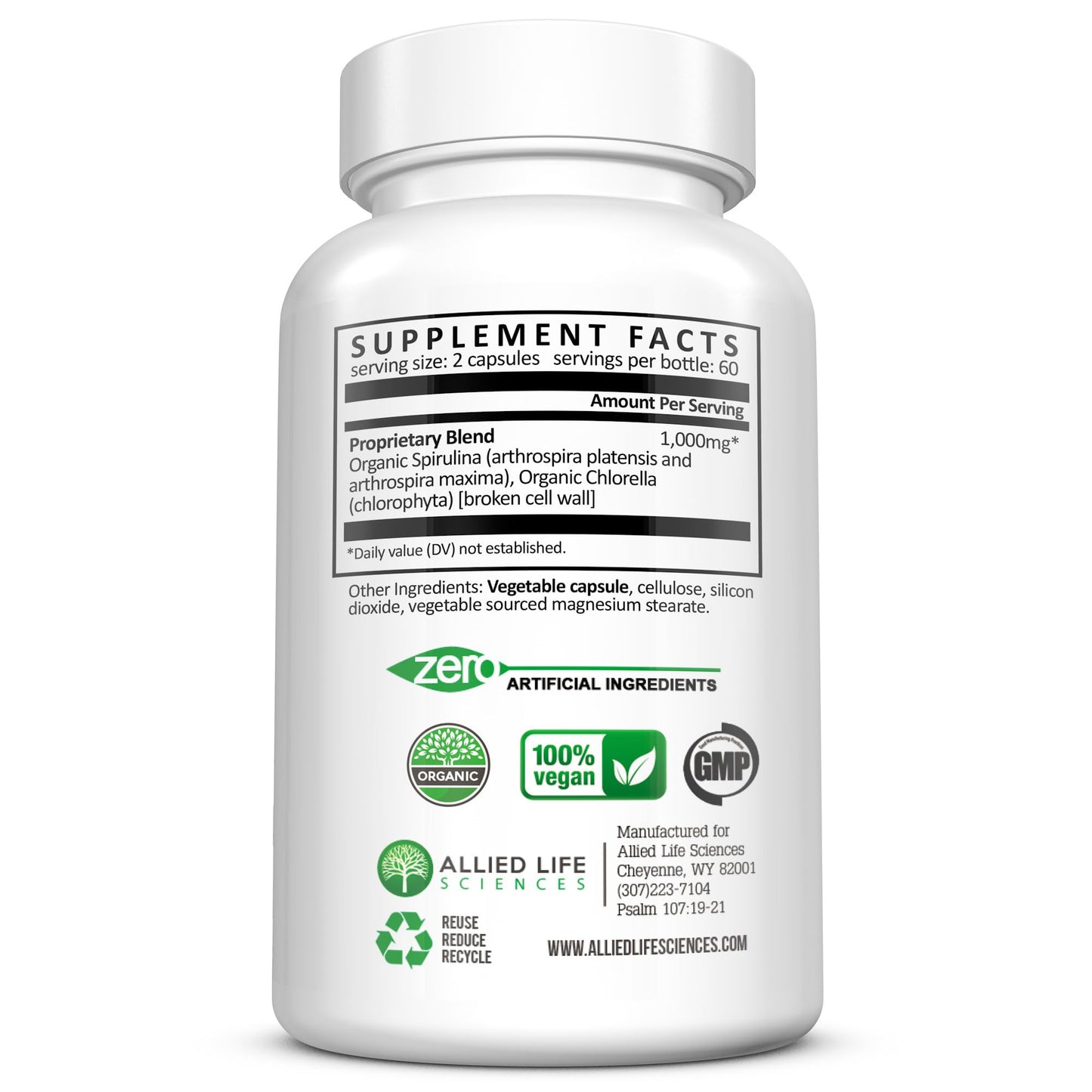 Allied Life Sciences Spirulina and Chlorella Organic Chlorophyll Vegan Protein Powder Green Superfood Capsules 120