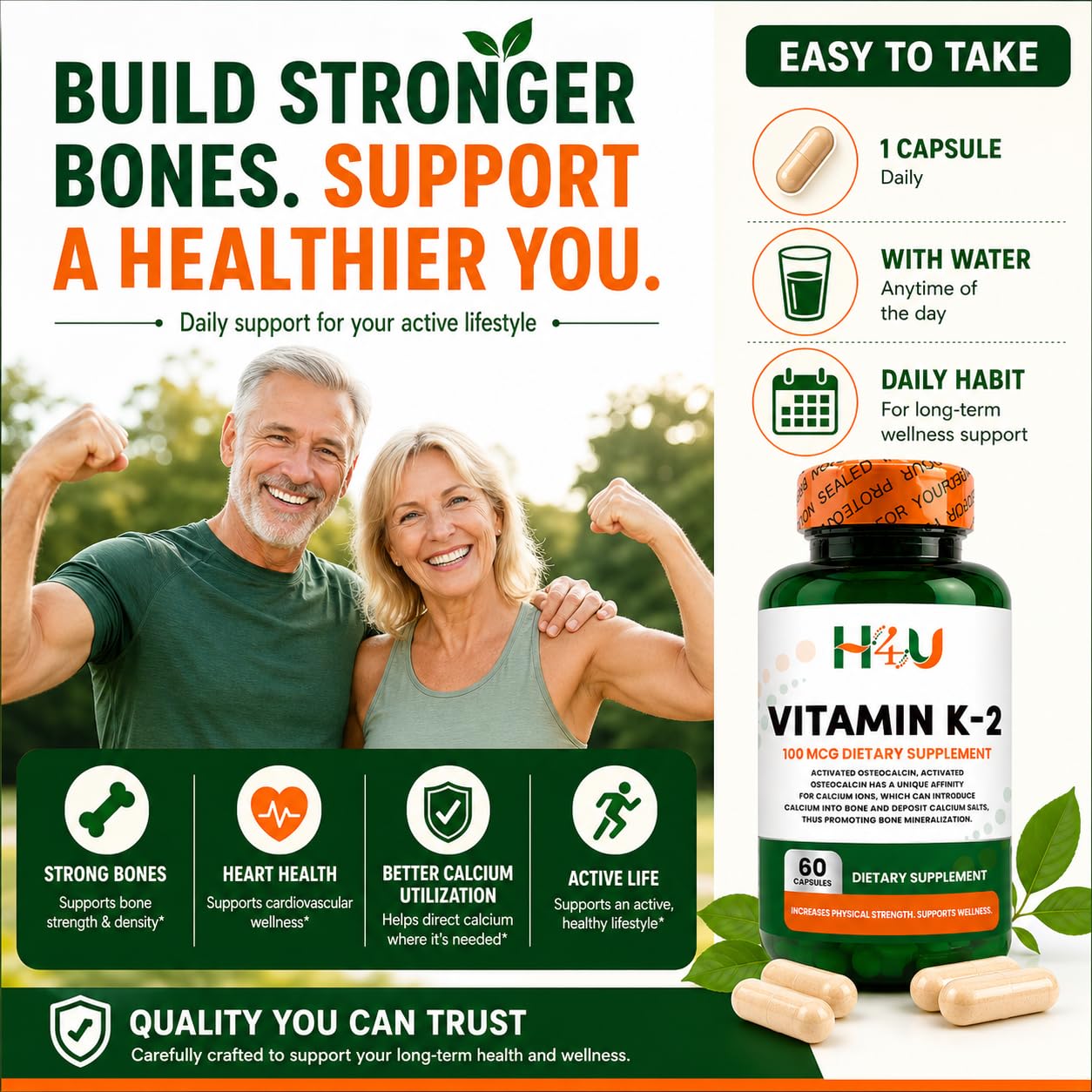 H4U Vitamin K2 MK-7 100 mcg Capsule, 60 Count