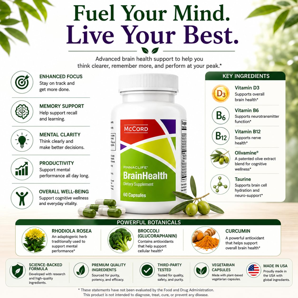 Pinnaclife McCord BrainHealth Brain Supplement with Olivamine, Vitamin D3, B6 & B12, Rhodiola Rosea, Magnesium & Taurine, Supports Memory, Focus, Clarity & Productivity for Men and Women Capsule 1