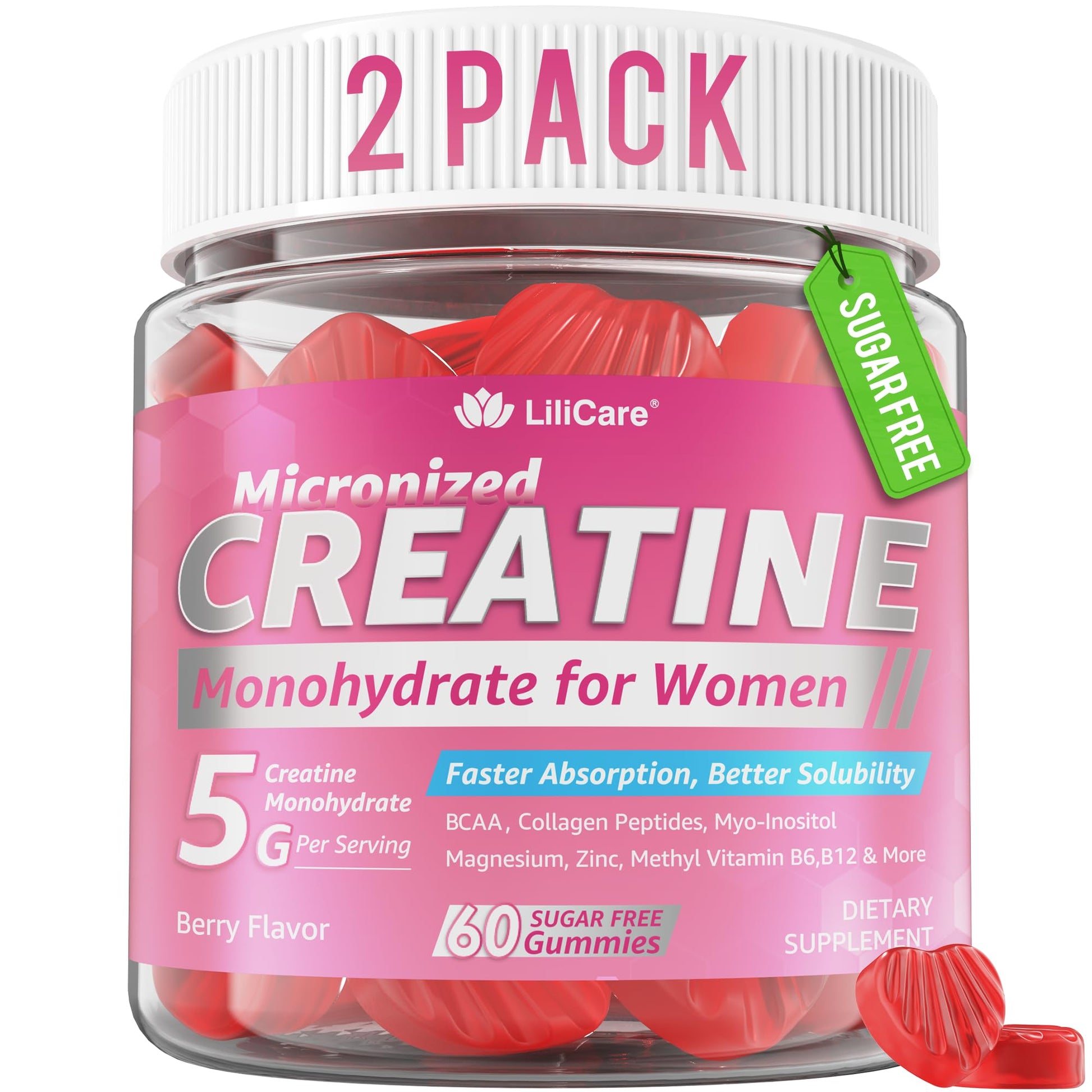 LILICARE Creatine for Women Gummies, Micronized Creatine Monohydrate + Myo-Inositol, Collagen Peptides, BCAAs, Hyaluronic Acid, Vitamin B6 B12, Zinc, Sugar Free, 120 Gummies