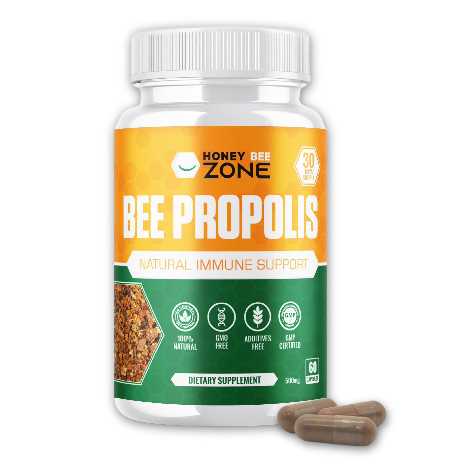 HONEYBEEZONE Bee Propolis Capsules – 100% Natural Energy and Immune Support Supplement, 60 Capsules
