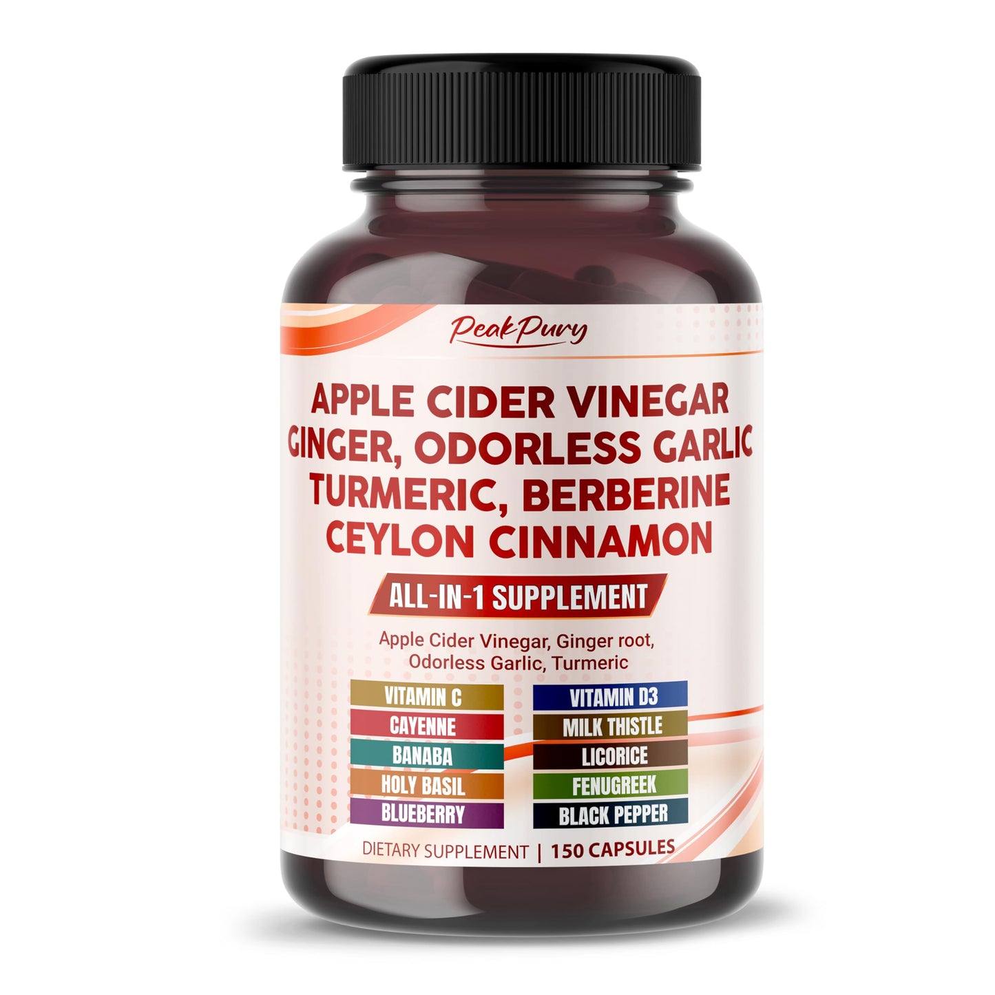 PEAKPURY Apple Cider Vinegar Ginger Odorless Garlic Turmeric Berberine Capsules, 150 Count
