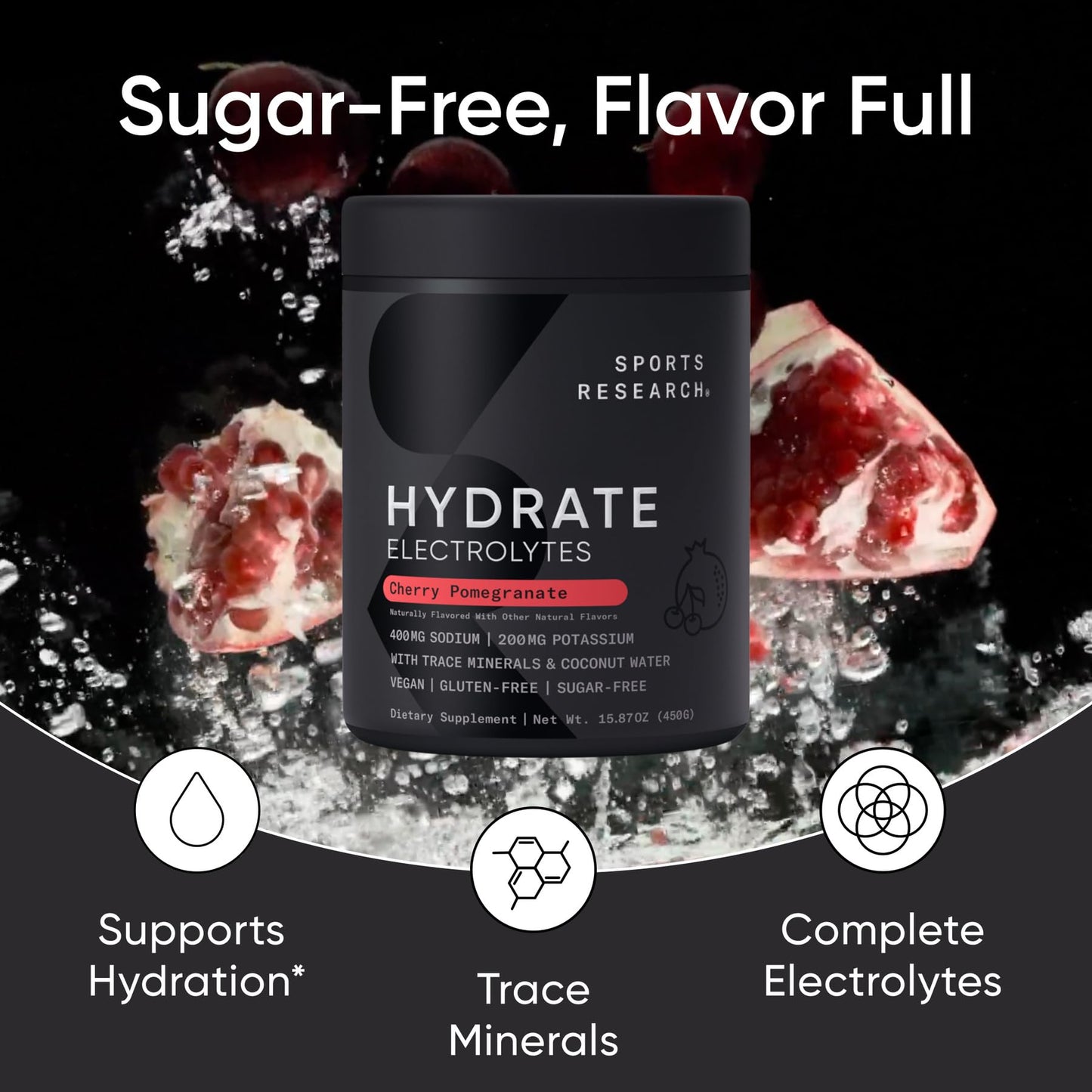 Sports Research Hydrate Electrolytes Cherry Pomegranate Powder, 90 Servings