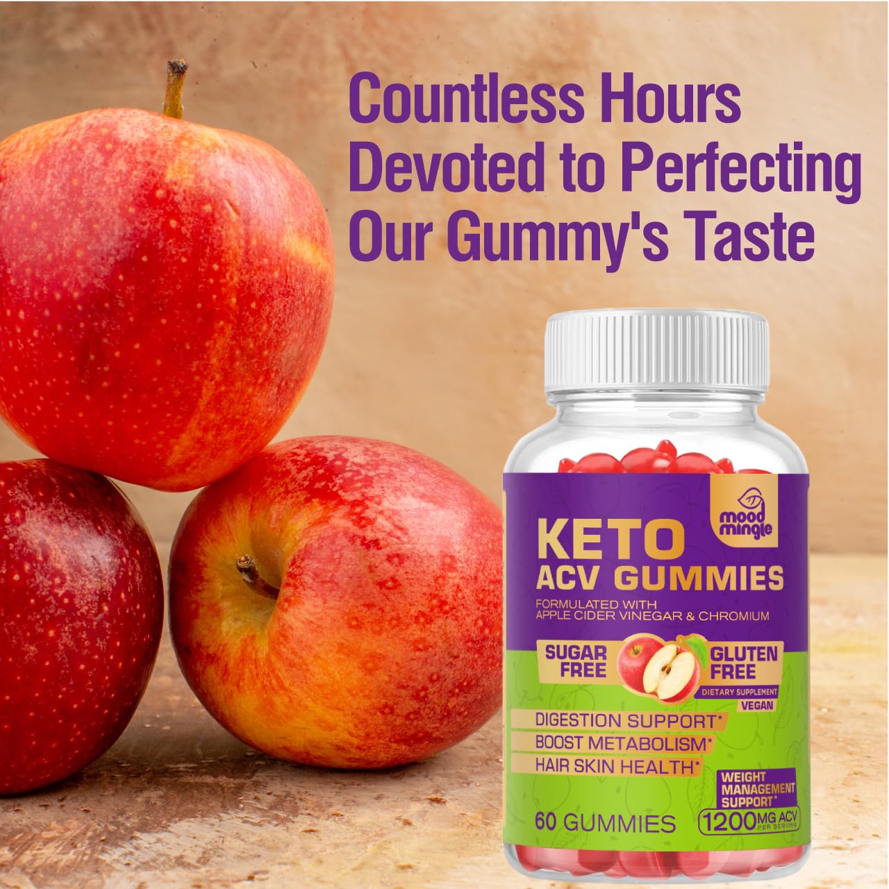 Mood Mingle Keto ACV Gummies for Advanced Weight Loss, Gluten & Sugar-Free Apple Cider Vinegar Rapid Fat Burner Diet Supplement for Women Men, 60 Gummies