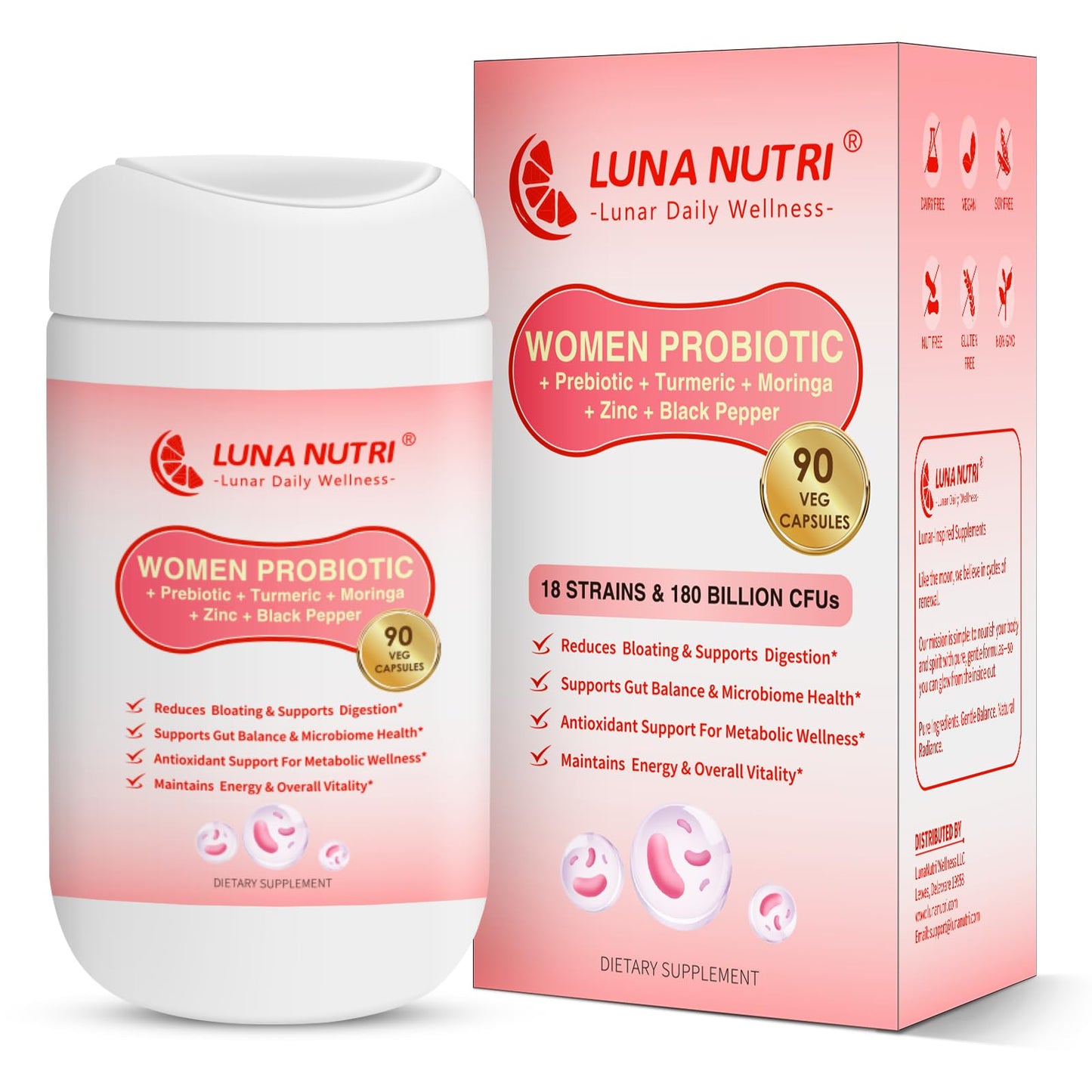 LUNANUTRI Women Probiotic Capsule, 180 Billion CFU, 18 Strains, with Prebiotics, Turmeric, Zinc, Black Pepper & Multi-Enzymes, Digestive & Immune Support, Metabolic Wellness, 1 Count