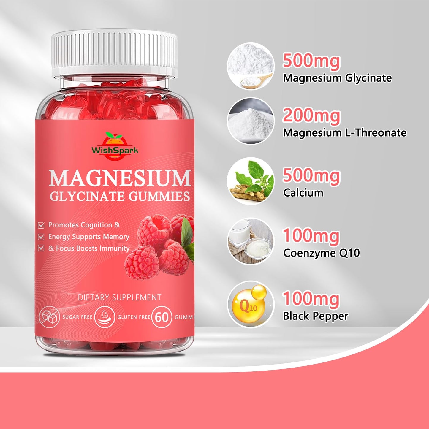 WISHSPARK Magnesium Glycinate Gummies 500mg, 60 Gummies