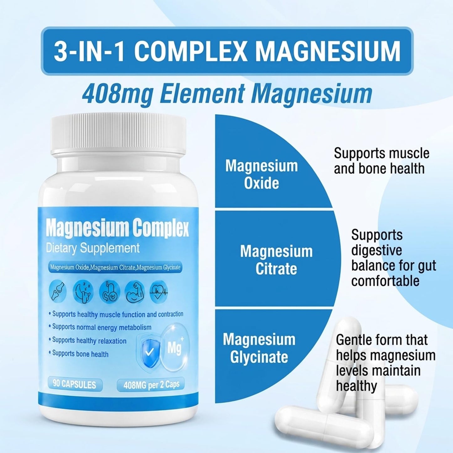 Dyeazirn Magnesium Complex for Women & Men, Magnesium Glycinate Oxide Citrate Capsules, 90 Count