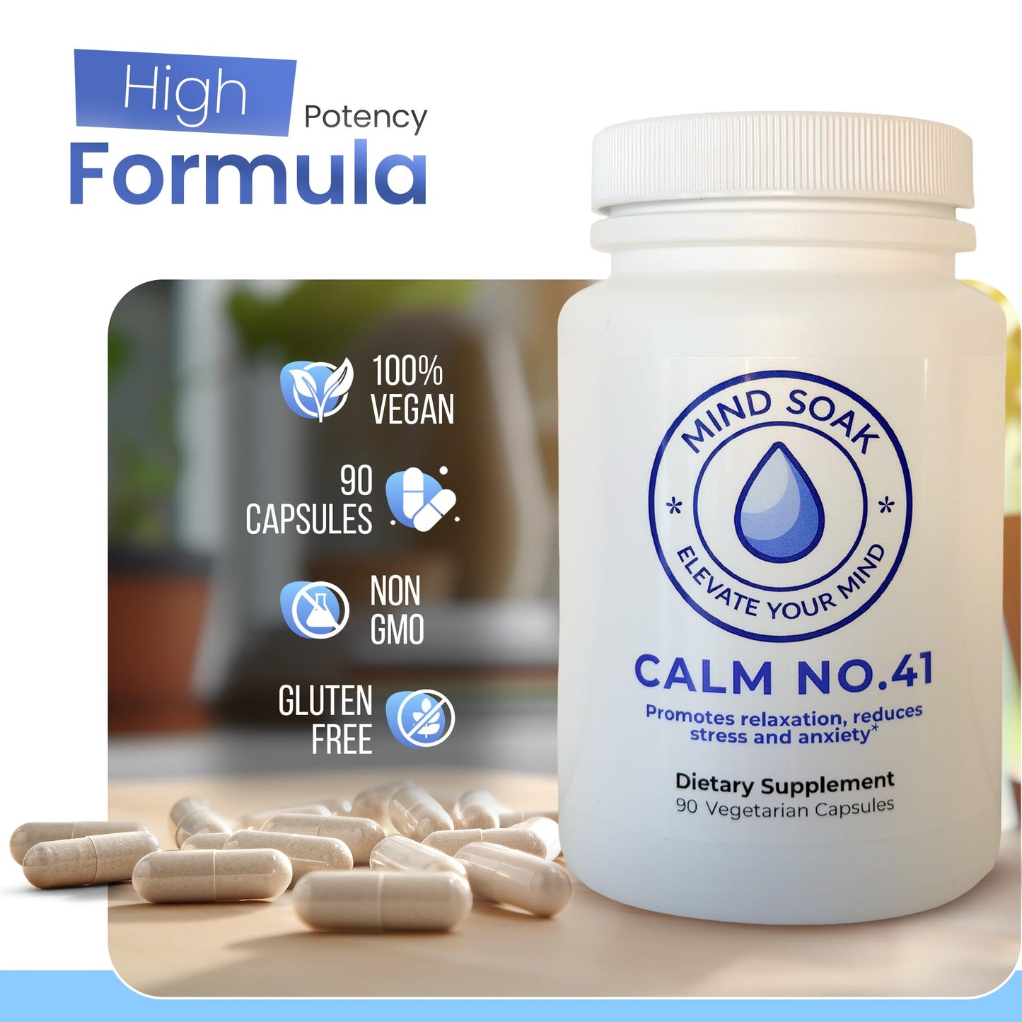 Mind Soak Calm No. 41 Magnesium Glycinate & L-Theanine Stress Relief Supplement with NAC and Apigenin, 90 Capsules