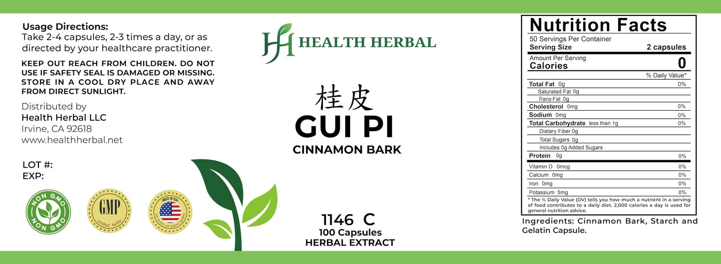 Health Herbal Gui Pi Cinnamon Bark Capsules, 100 Capsules