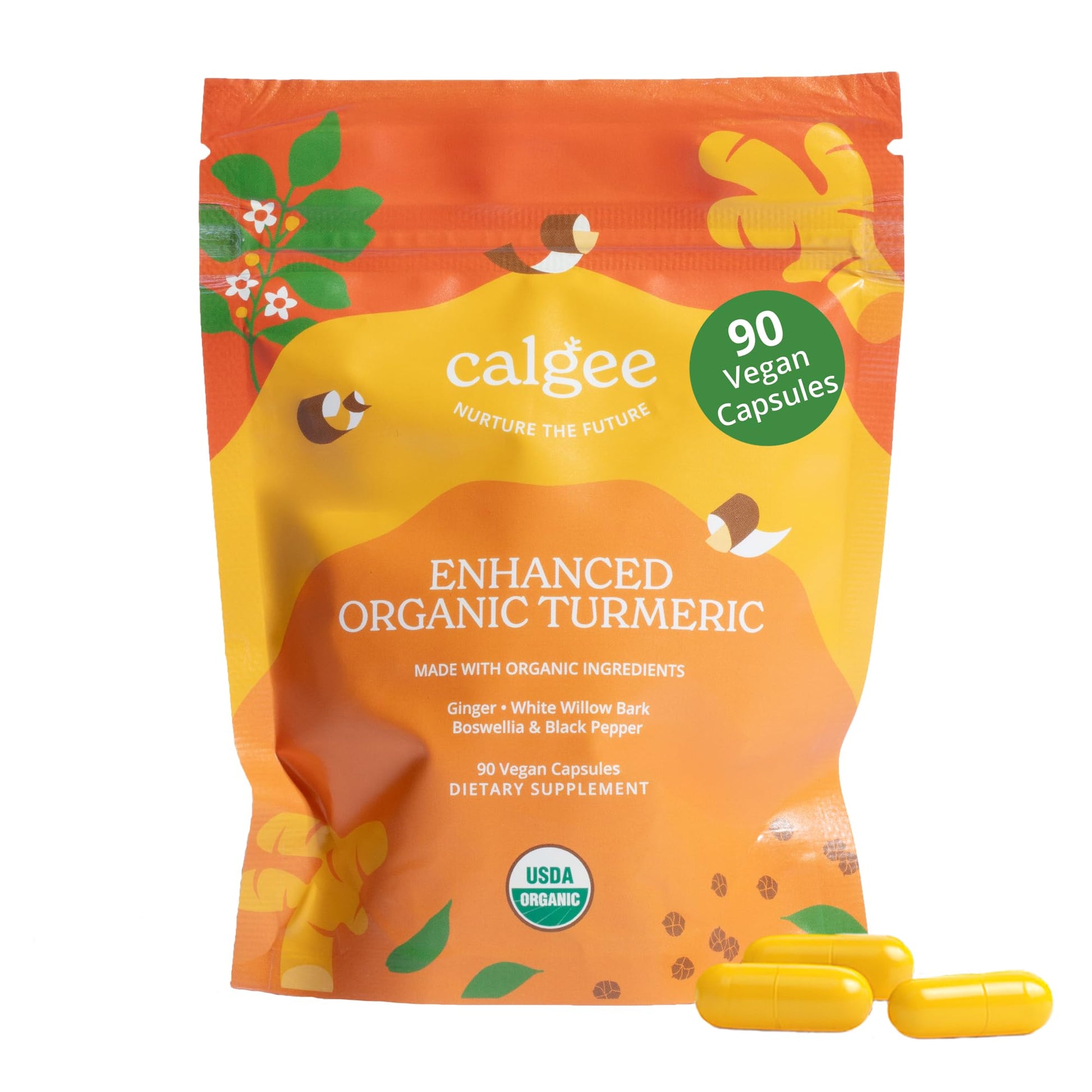 Calgee Organic Turmeric Curcumin Supplement Capsules, 90 Count