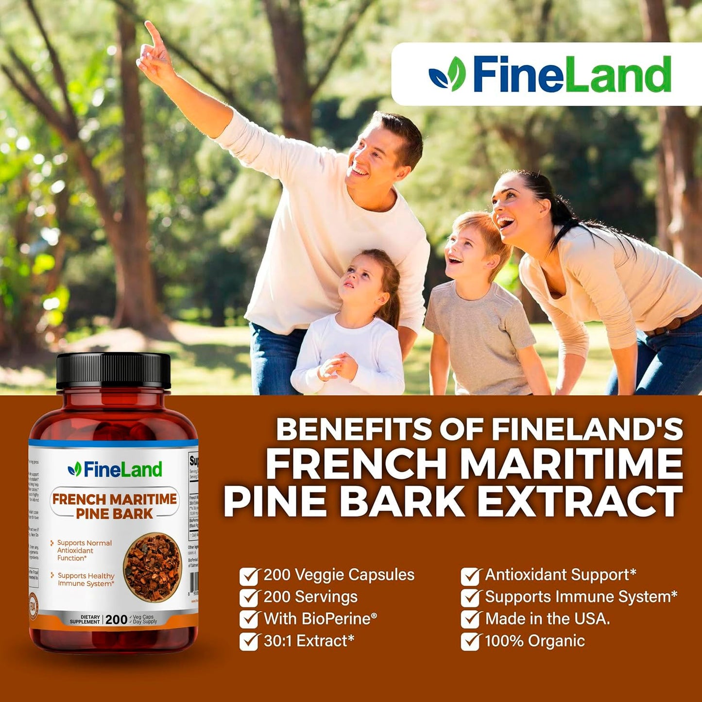 FineLand French Maritime Pine Bark 30:1 Extract Capsules, 200 Count