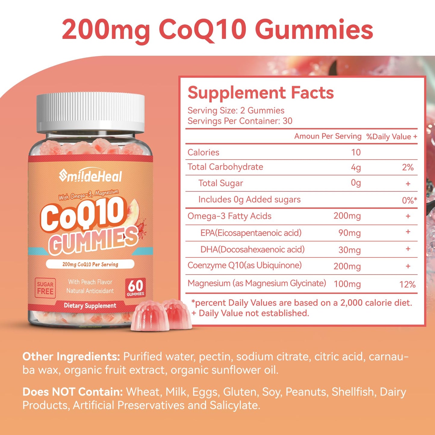 SmildeHeal CoQ10 Gummies 200mg with Omega-3, EPA + DHA & Magnesium, Vegan - 60 Gummies