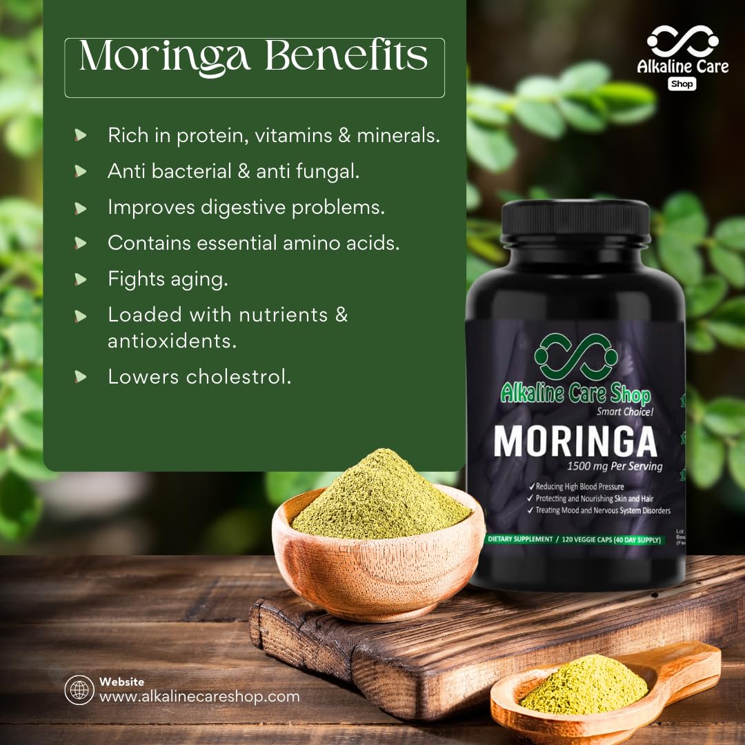 Alkaline Care Shop Moringa Premium Extract 1500mg Vitamin C High Absorption, 100% Natural, Whole Food, Non-GMO Supplement Capsule 1