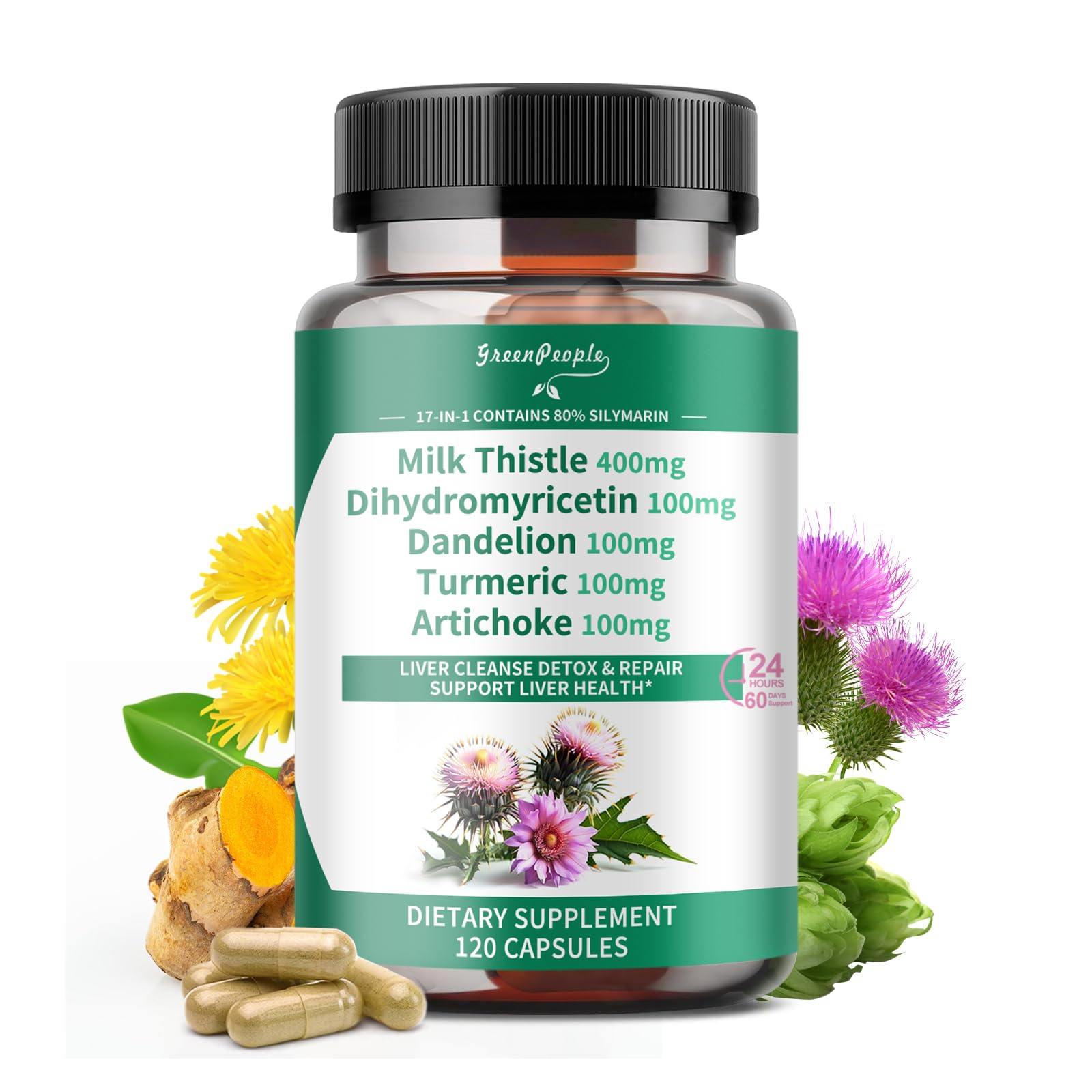 GREENPEOPLE Lymph-Liver Cleanse Detox & Repair Milk Thistle 30X Extract, 80% Silymarin with Vitamin & 95% Curcuminoids, 120 Capsules