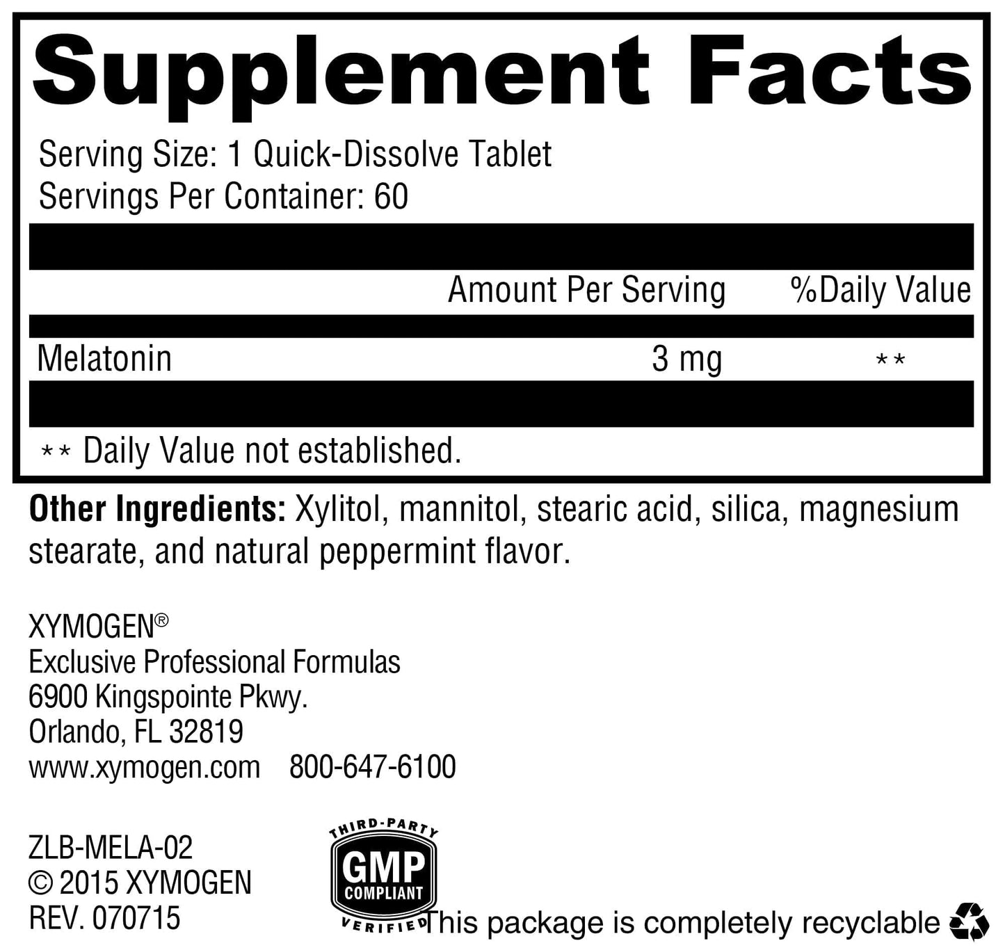 XYMOGEN Melatonin 3 mg Quick-Dissolve Tablet Sleep Pattern & Circadian Rhythm Support, Vegan & Gluten-Free Peppermint Flavor, 60 Tablets