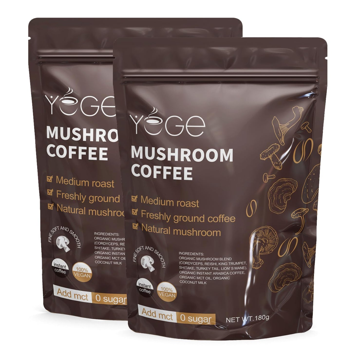 YEGE Mushroom Coffee, Instant Mushroom Coffee with Cordyceps, Reishi, King Trumpet, Shiitake, Turkey Tail, Lions Mane for Energy, Focus, Positive Mood & Immune Support, Powder, 12.7 oz