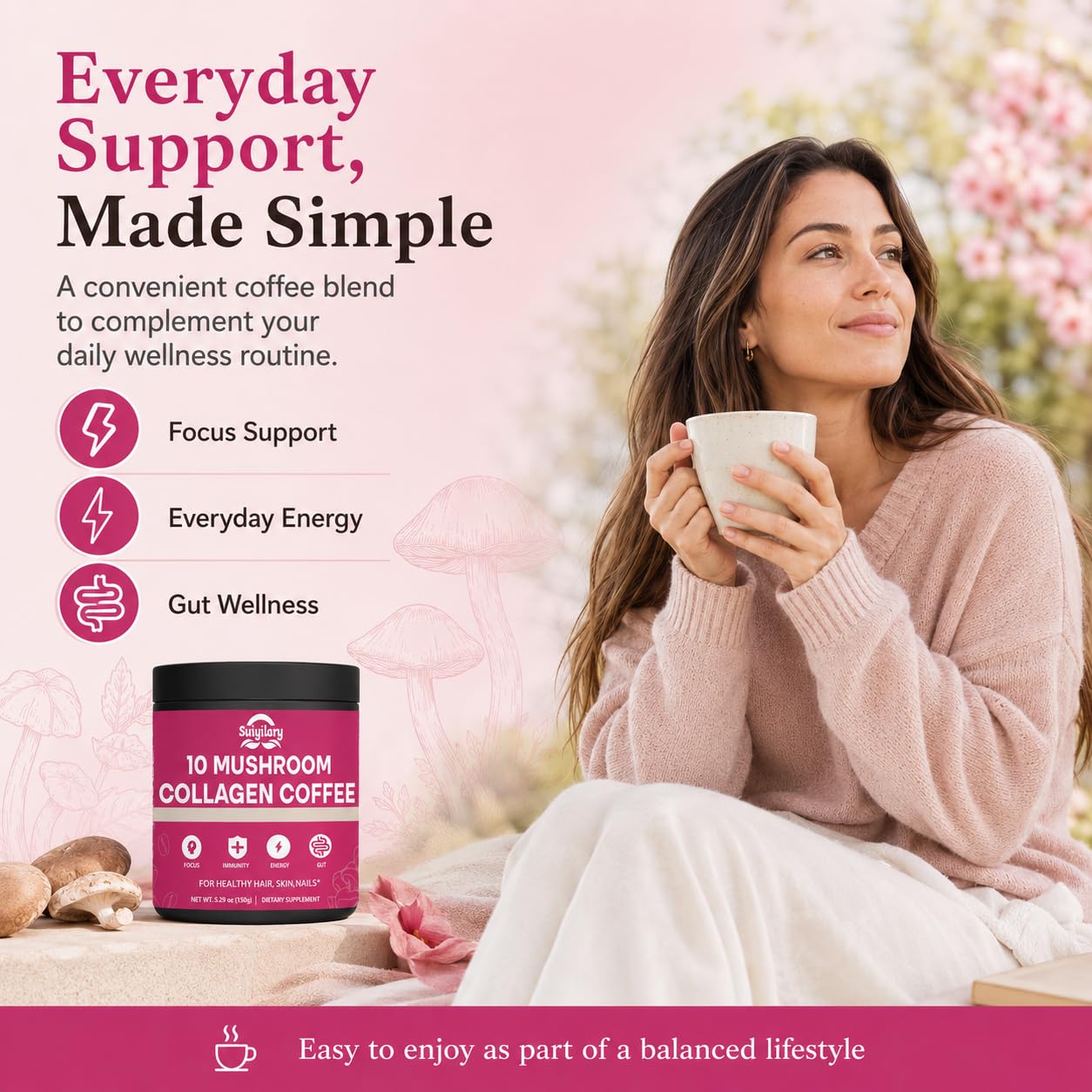 Suiyilary Mushroom Coffee with Collagen Powder, 5.3 oz, 30 Servings