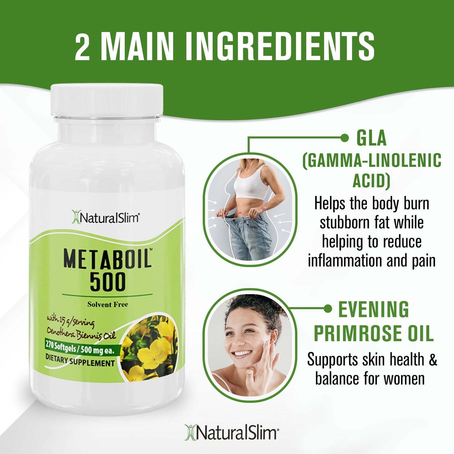 NaturalSlim Metaboil 500 Metabolism, Skin, Hair & Nails Support Evening Primrose Oil with GLA Omega 6, Cold Pressed Oil, Women Supplements 500 mg Powder 16