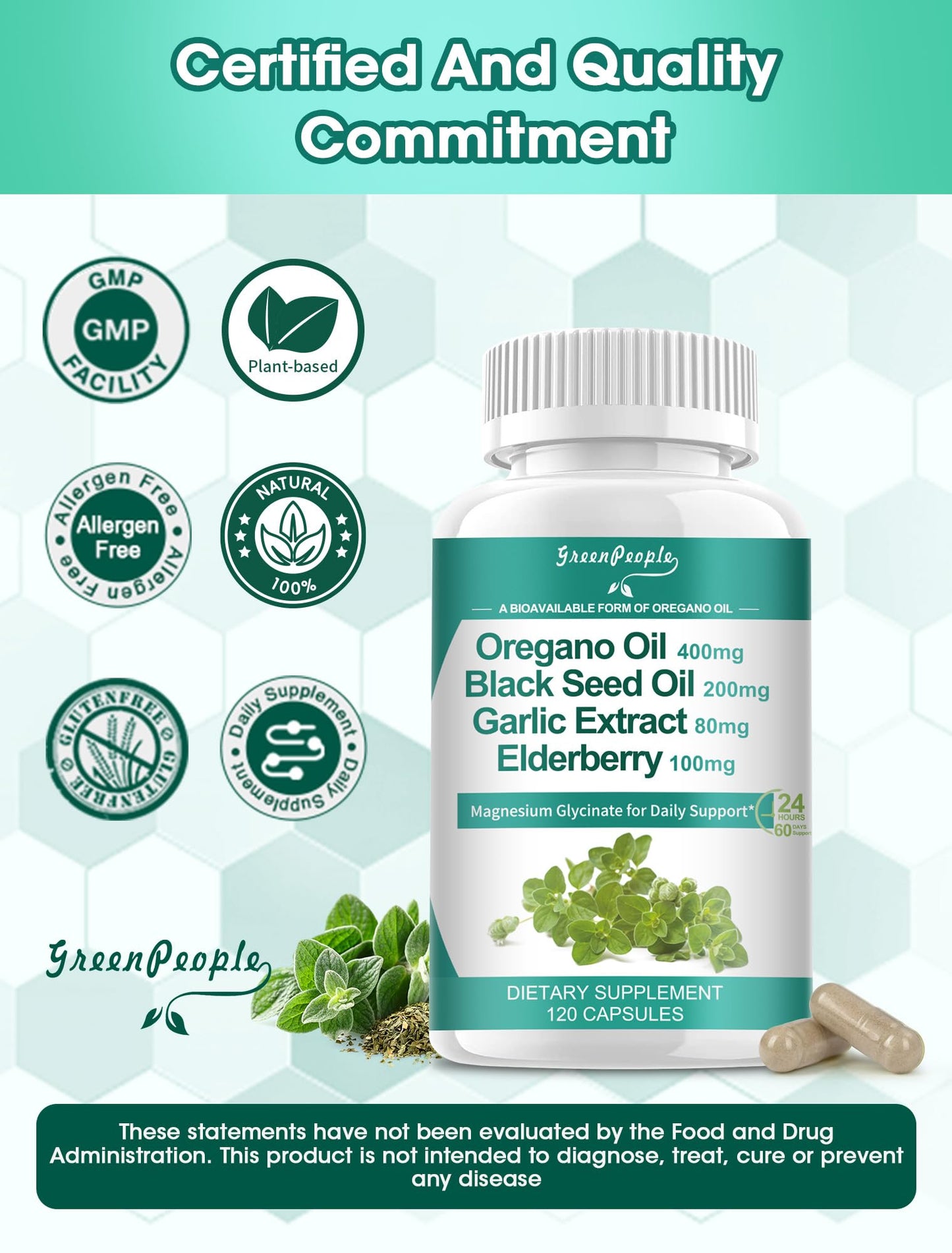GREENPEOPLE Organic Oregano Oil Capsules – 11-in-1 Blend with Black Seed Oil, Elderberry, Garlic, Olive Leaf, Magnesium & Black Pepper for Absorption – Immune, Respiratory & Digestive Support – Vegan, Non-GMO, 120 Capsules