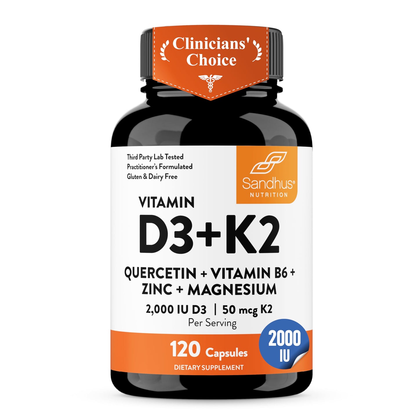 Sandhu's Vitamin D3 K2 2000 IU 120 mcg Magnesium Zinc B6 Quercetin Capsules 120