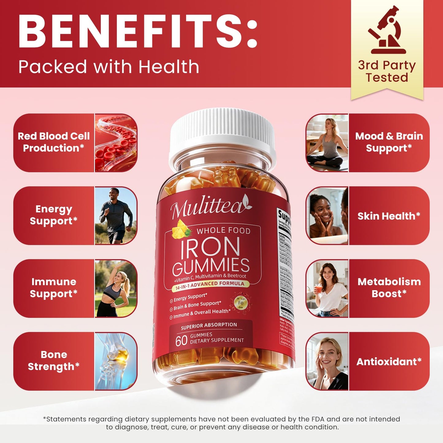 Mulittea Iron Gummies for Women, 4-Source Iron Supplement with Vitamin C, Folate Gummy 60