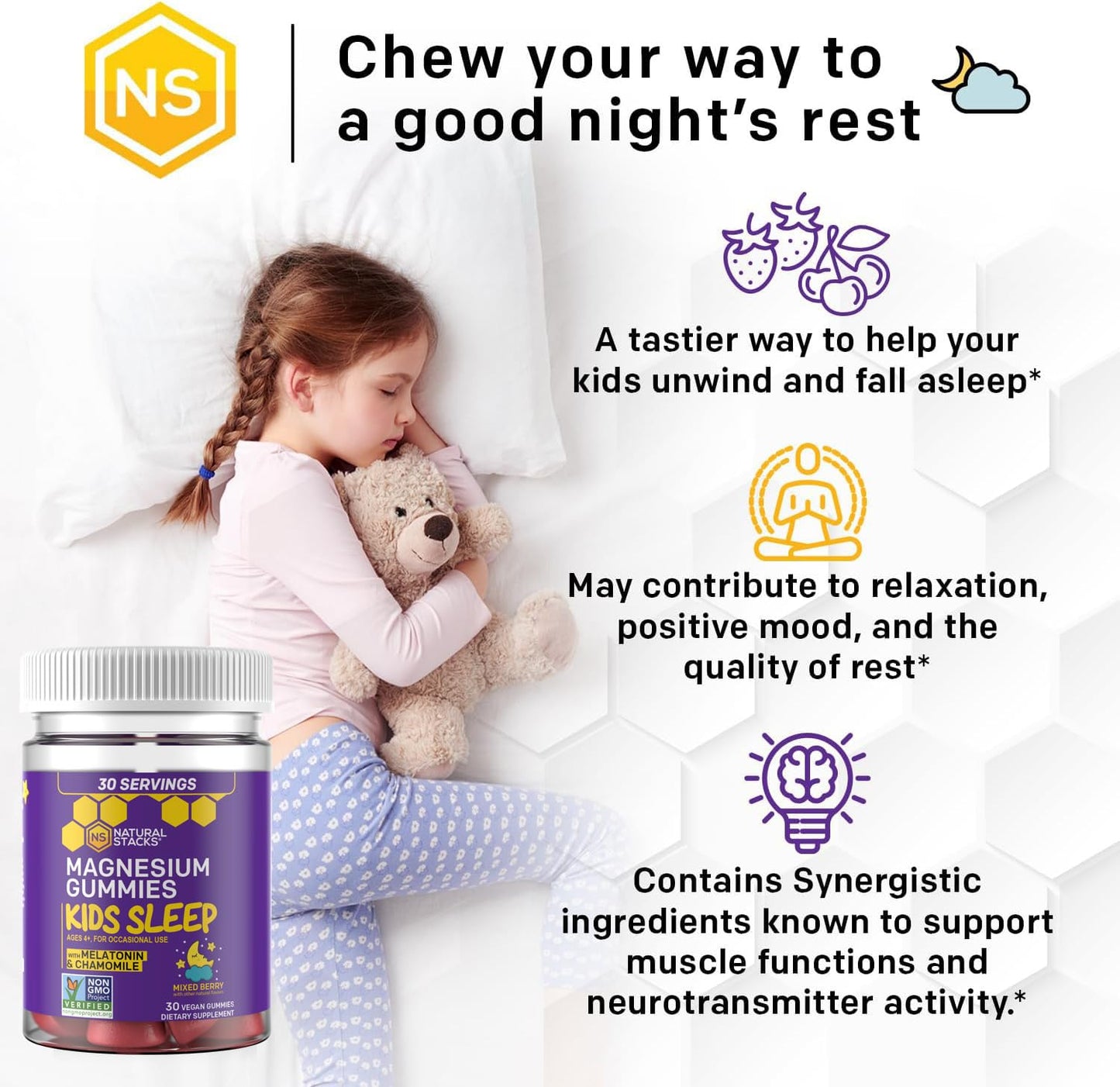 Natural Stacks Kids Sleep Magnesium Gummies with Melatonin, 30 Gummies