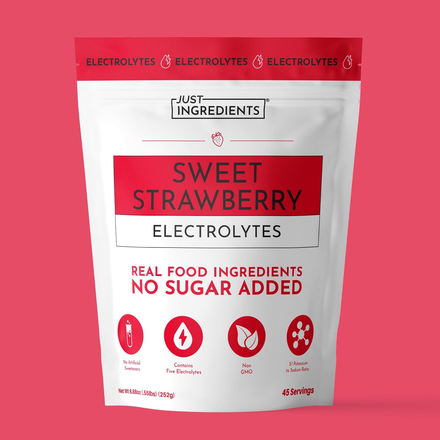 JUST INGREDIENTS Sweet Strawberry Electrolyte Powder, 8.88 Ounce