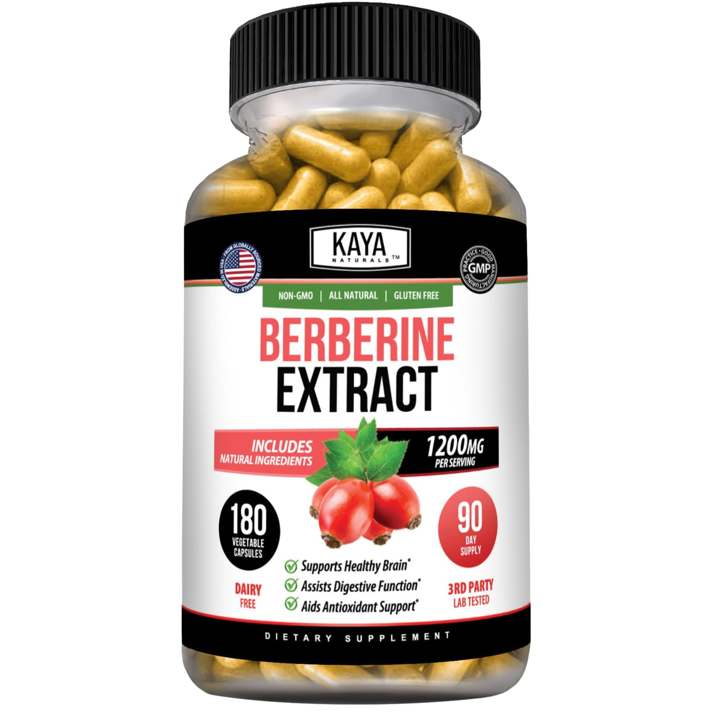 Kaya Naturals Berberine HCL Extract 1200mg Capsule, 180 Count