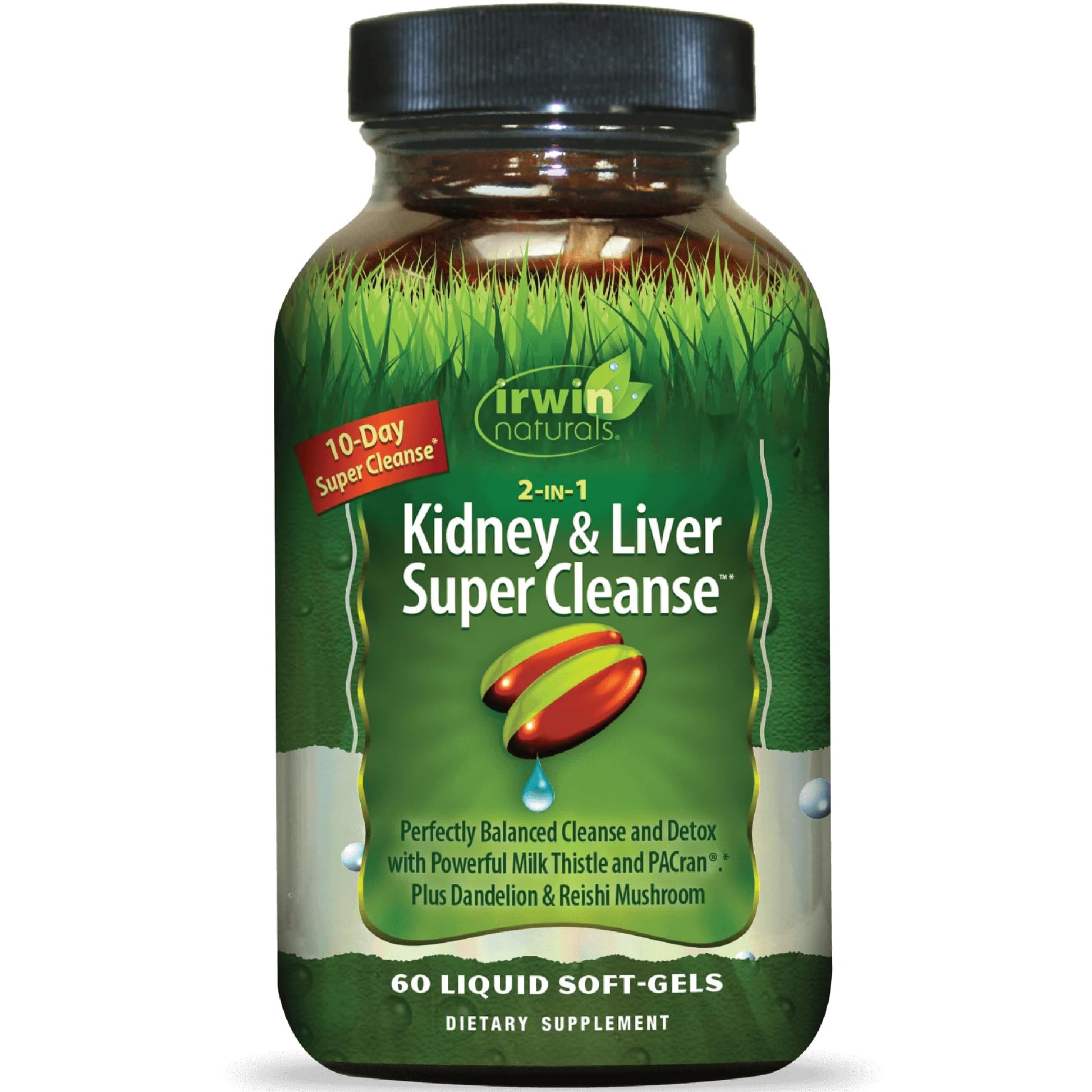 Irwin Naturals 2-in-1 Kidney & Liver Super Cleanse (10-Day) - Balanced Liver Detox & Kidney Cleanse - Milk Thistle Dandelion Root & Reishi Mushroom - Whole-Body Detox Formula, 60 Liquid Soft-Gels