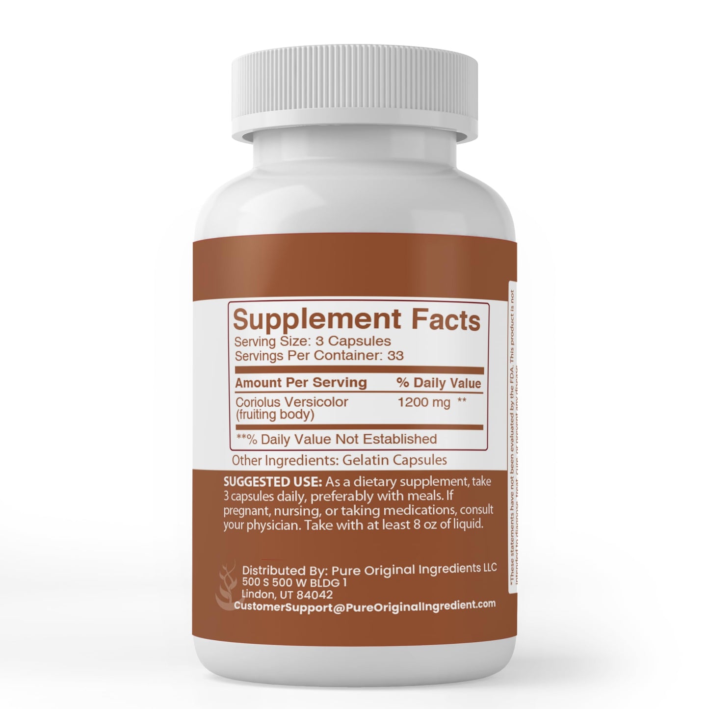 PURE ORIGINAL INGREDIENTS Turkey Tail Mushroom Capsules, 100 Count